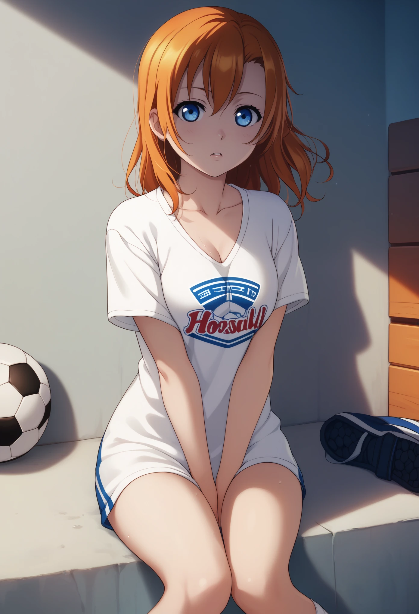 Masterpiece,best quality,Kousaka honoka, blue eyes, orange hair, looking_at_viewer, cowboy shot, football t-shirt, bottomless, shirt tug pose,hands between legs,v-arms, perfect shadow, beautiful,cozy , collarbone , cleavage , sweating 