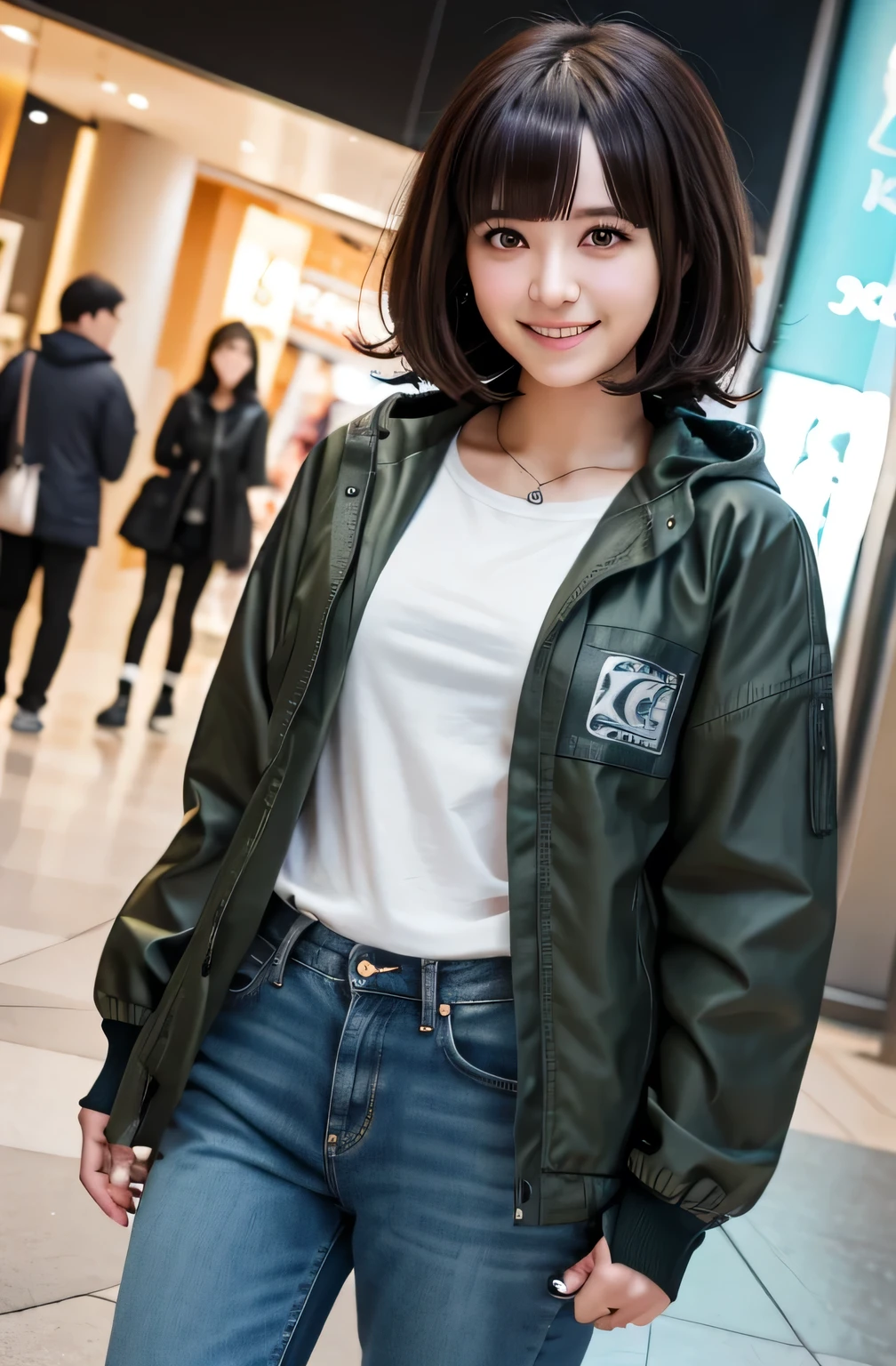 Chiaki Nanami in casual clothes at the shopping mall, Black Hair、Short Haircut、Ear piercing、fringe, Teal hooded jacket, smile、Looking into the camera, 20-year-old girl, , Olive green blouse, Skinny jeans、sneakers、,chiaki nanami, Nanami Chiaki