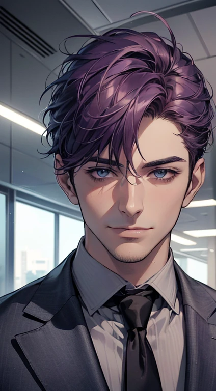 (best quality,4k,8k,highres,masterpiece:1.2),ultra-detailed,(realistic,photorealistic,photo-realistic:1.37),1 man,31 years old,mature man,very handsome,without expression,smile,short purple hair,blue eyes,penetrating gaze,perfect face without errors,imposing posture,businessman,office background,cinematic lighting,hdr image