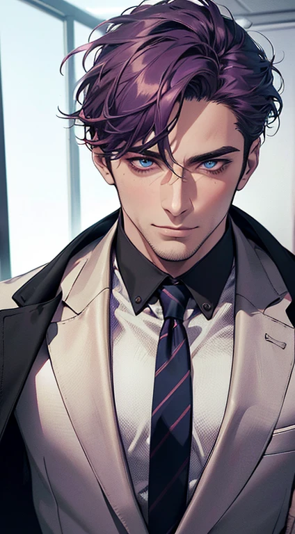 (best quality,4k,8k,highres,masterpiece:1.2),ultra-detailed,(realistic,photorealistic,photo-realistic:1.37),1 man,31 years old,mature man,very handsome,without expression,smile,short purple hair,blue eyes,penetrating gaze,perfect face without errors,imposing posture,businessman,office background,cinematic lighting,hdr image