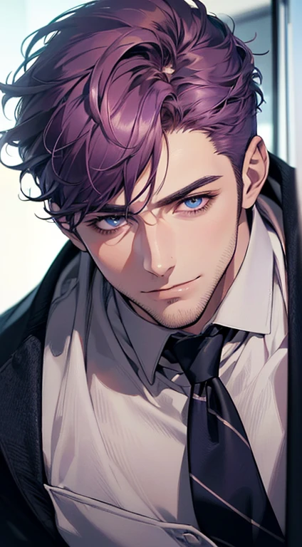(best quality,4k,8k,highres,masterpiece:1.2),ultra-detailed,(realistic,photorealistic,photo-realistic:1.37),1 man,31 years old,mature man,very handsome,without expression,smile,short purple hair,blue eyes,penetrating gaze,perfect face without errors,imposing posture,businessman,office background,cinematic lighting,hdr image