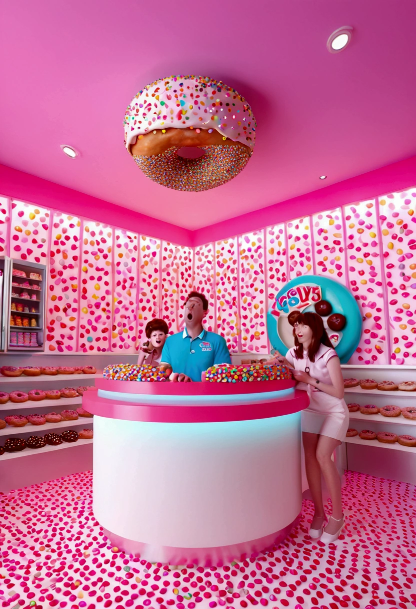(Eating Donuts), nterior Design of a Dessert Shop, in the theme of baskin robbins, in shape and style of Donuts, light pink and M&M's color, full body, award-winning, cinematic still, emotional, vignette, dynamic, vivid, (masterpiece, best quality, photorealistic, Professional, perfect composition, very aesthetic, absurdres, ultra-detailed, intricate details:1.3), by rossdraws