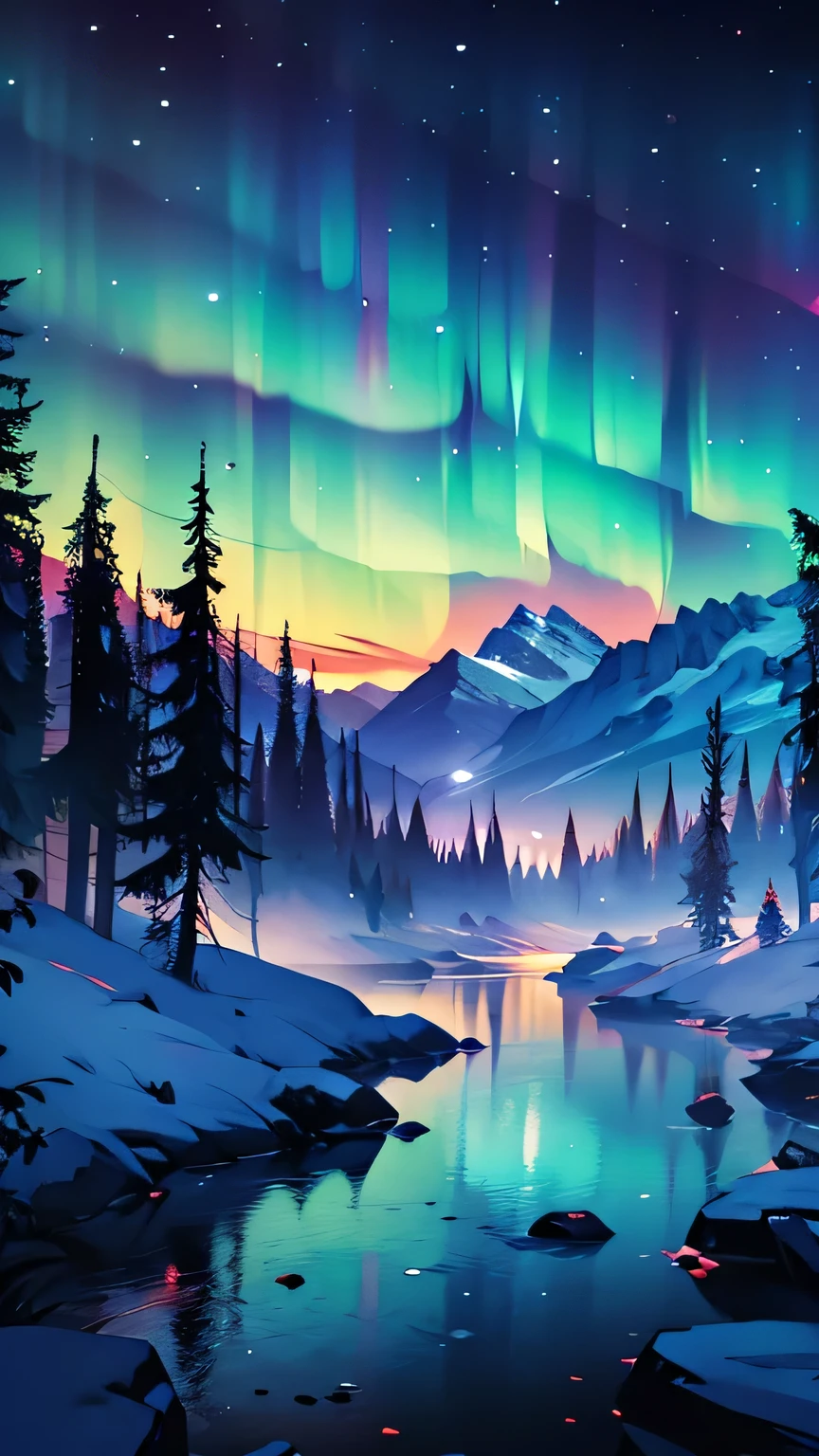 laguna, mountains, starry sky, Aurora boreal. landscape, artwork, high quality image