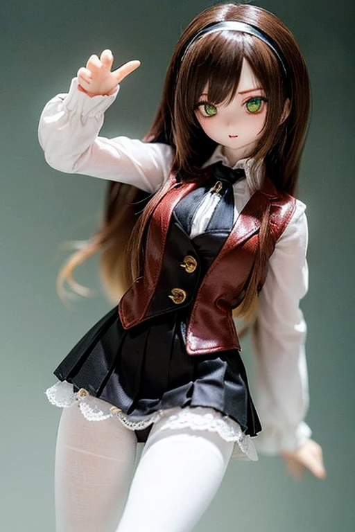 (SFW:2), photorealistic, realistic photo, 8k, ((highest quality)), ((masterpiece)), (extremely detailed), kukolnydom, doll, (mature woman, 21yo, 21 years old, solo:1.6), ((cowboy shot, stylish pose, slim, slender, skinny, medium breasts, hairband, ascot, vest, blouse, long puff sleeves, pleated skirt, black pantyhose)), (green eyes, brown hair, long hair, plastic skin, looking at another, glass eyes, gradient eyes, shining eyes, detailed eyes:1.3)