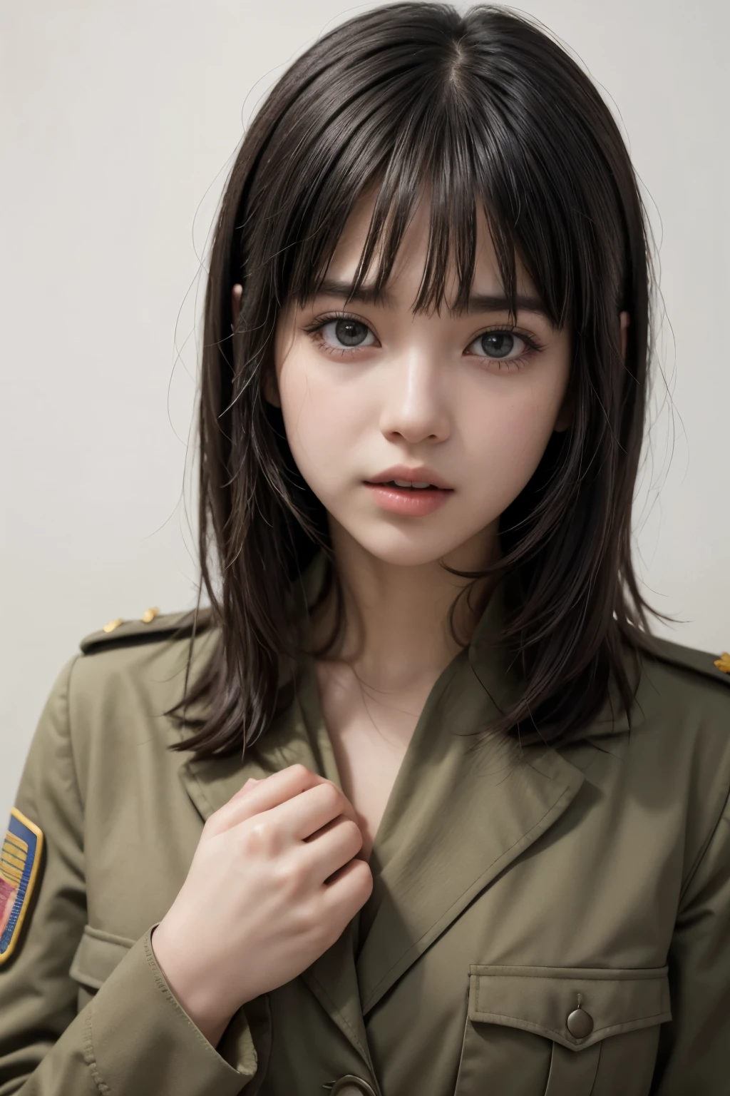 One girl, solo, Call here, Simple Background, Open your mouth, realism, chest, Shortcuts, Black Hair, Bangs between the eyes, Bangs, Army uniform,Hands are at mouth