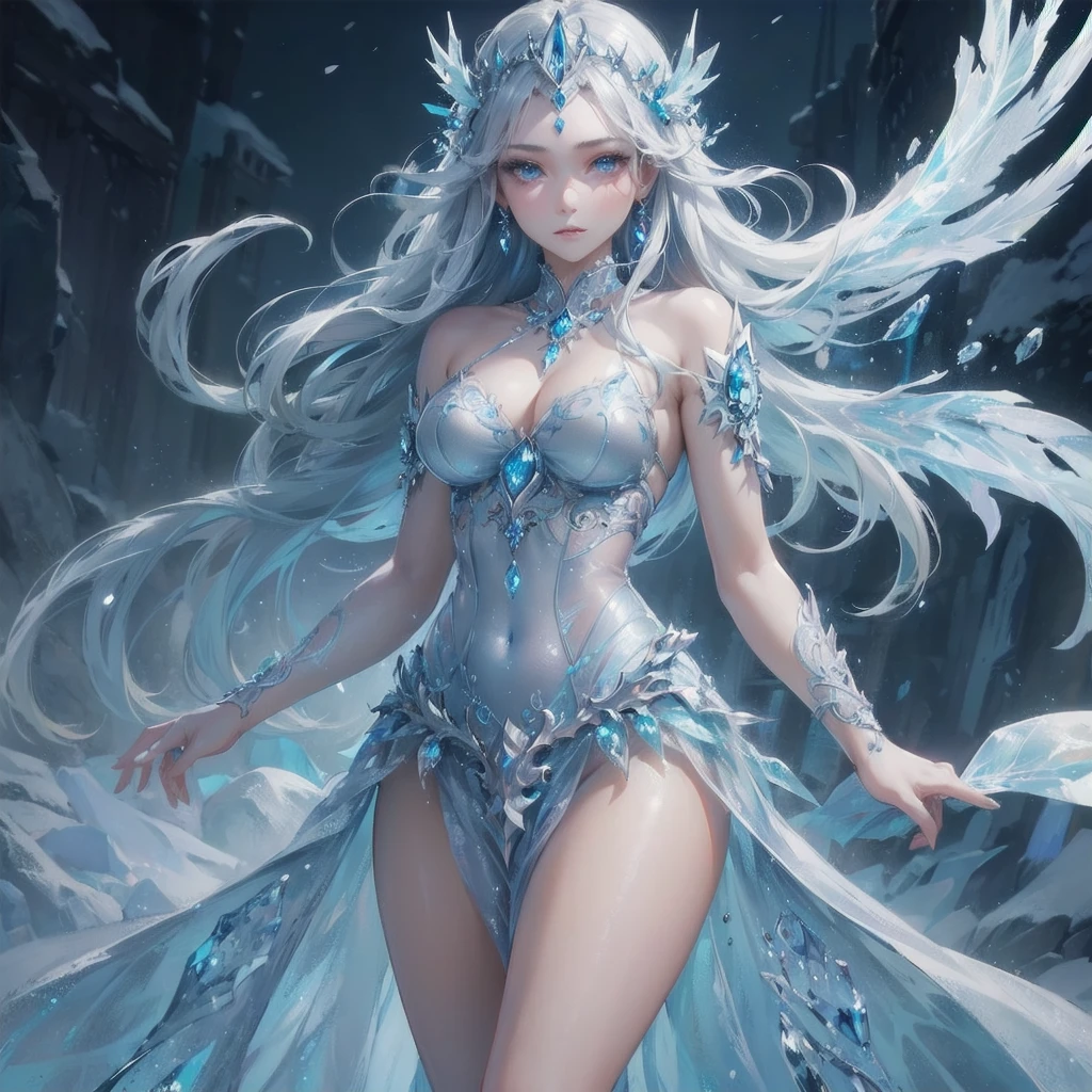  masterpiece, (textured skin), best quality, gorgeous beautiful, (a beautiful girl,ice spirit),detailed clothes,large breasts,narrow waist,, (beautiful face), cinematic lighting, (fantasy anime art ),