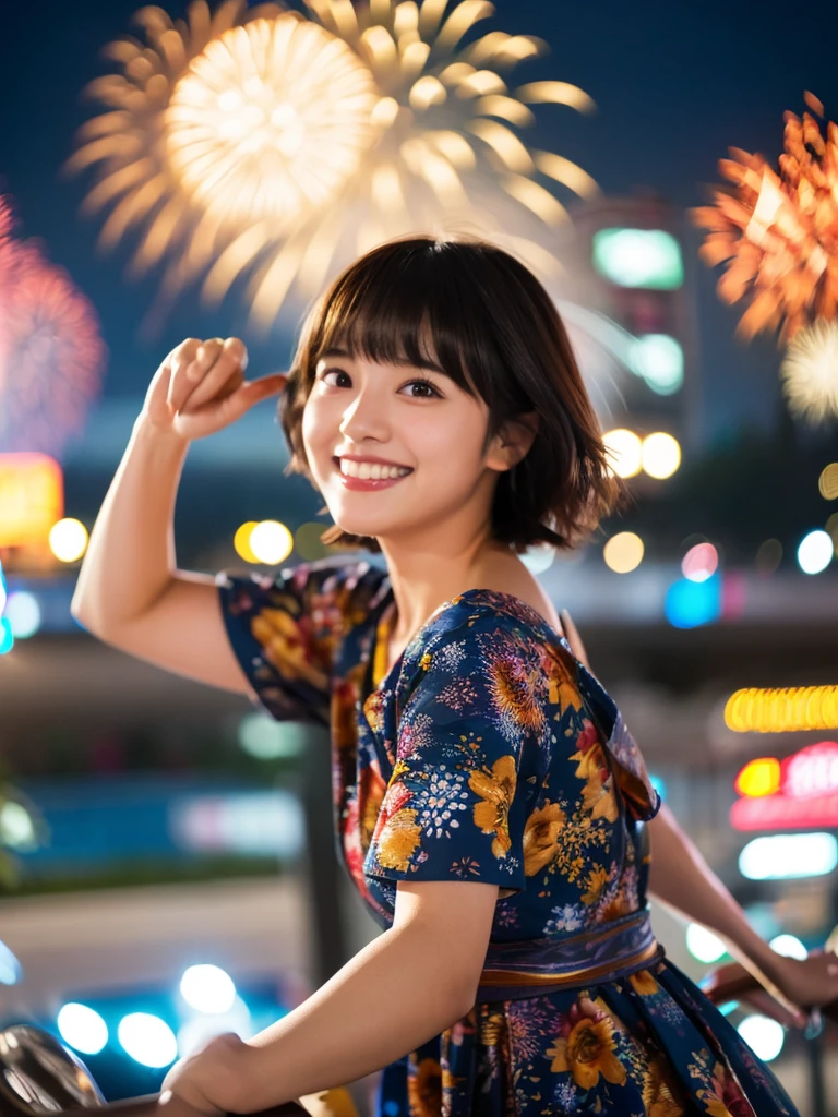 Image quality:best quality
Camera Focus: blur background
light:Backlit composition:Looking at the camera person:20 years old woman,Japanese,actress
pose:Slightly leaning forward background:Big fireworks hairstyle: Short Bob、Swinging Hair、With bangs
Dress:casual
facial expression: happy