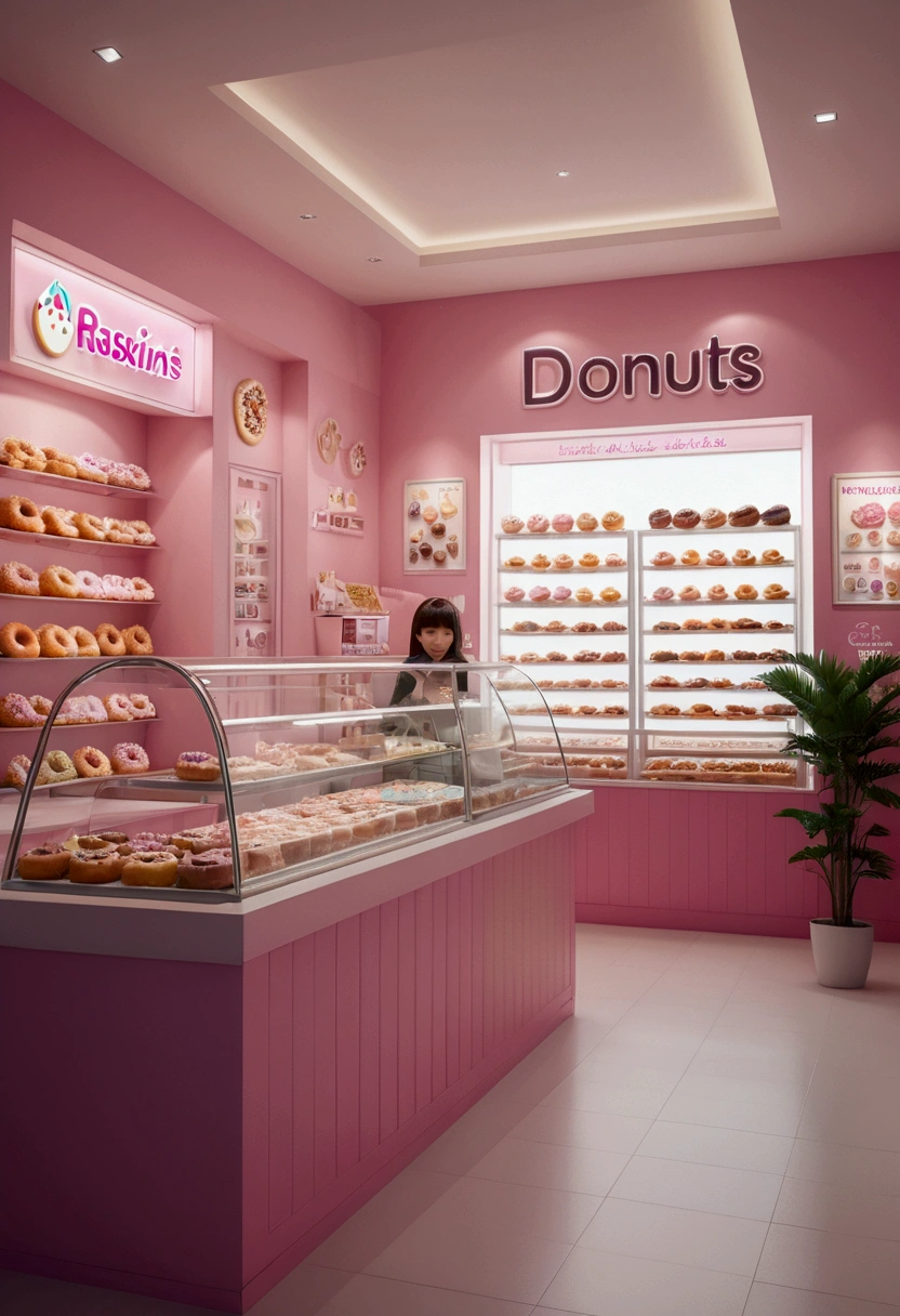 (Eating Donuts), nterior Design of a Dessert Shop, in the theme of baskin robbins, in shape and style of Donuts, light pink and ice cream color, full body, award-winning, cinematic still, emotional, vignette, dynamic, vivid, (masterpiece, best quality, photorealistic, Professional, perfect composition, very aesthetic, absurdres, ultra-detailed, intricate details:1.3), by rossdraws