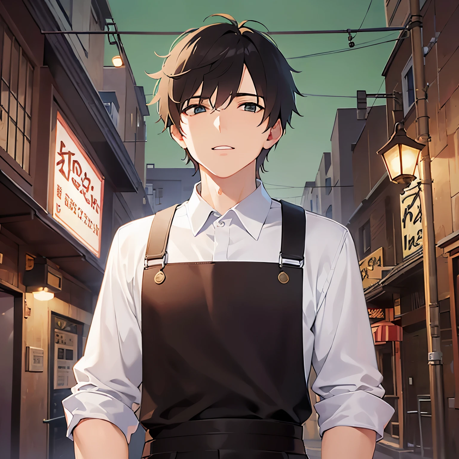 BREAK (25-year-old male:1.5) and (Mahogany brown short hair) and (Green Eyes)
BREAK (white collared long shirt) 、apron、(looking away:1.5),upper body、open hands,Looking down、
masterpiece、Highest quality、
confused、open mouth,The background is a back alley at night、(Night Sky:1.5)、alone、Upper body is shown