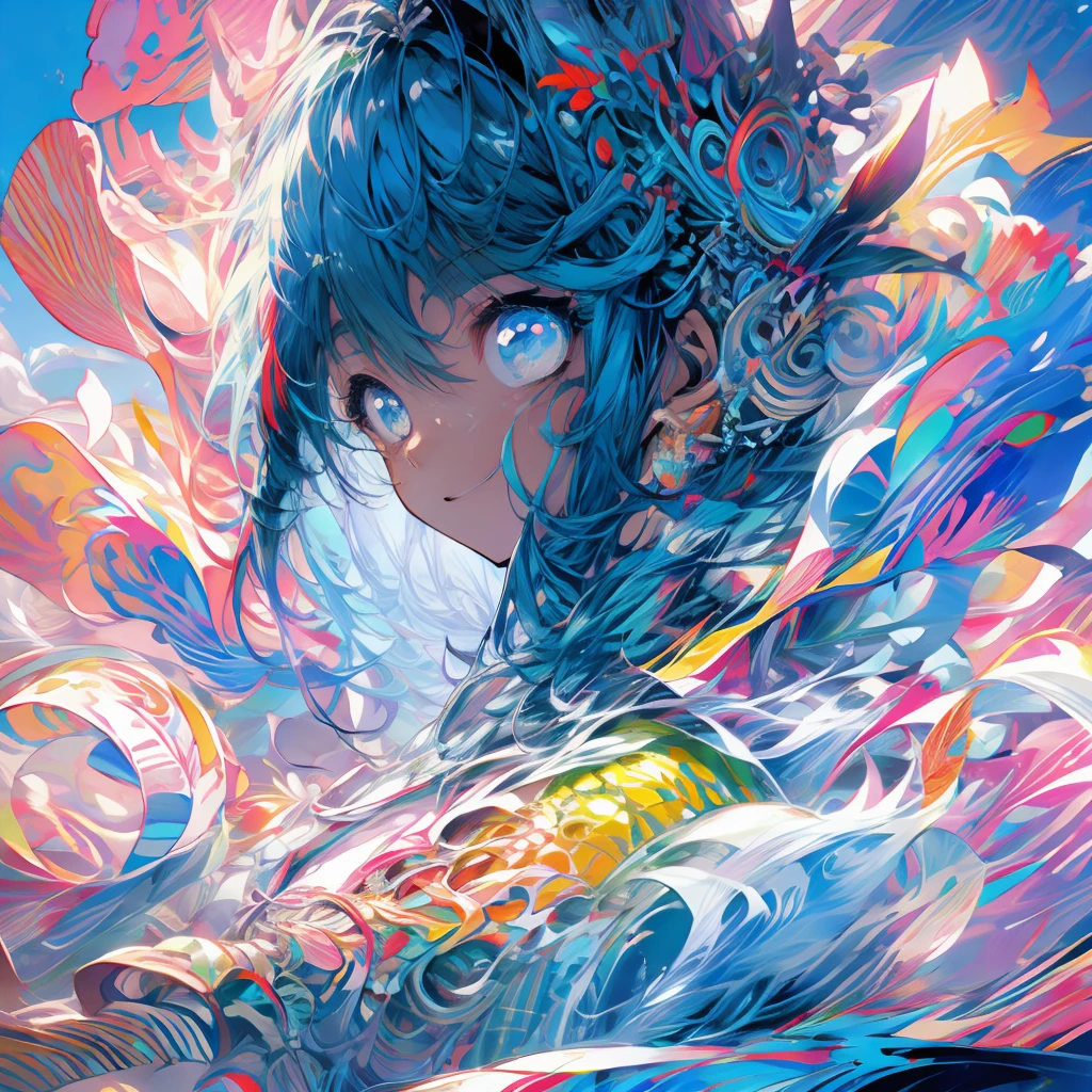 solitary, 1 boy,a boy，Boy Sculpture, best quality, Extremely detailed, Light, Intricate details, high resolution, Official Art, Delicate face and eyes, high resolution插图, 8K, dark, Strong shadows, Overexposure,((space)),boys， universe, Light blue hair, Gradient hair, White Dress, , Long Teng flowing sweatshirt long sleeve, Detailed clouds, Gradient sky, Light blue eyes, Blue sky,  Smile,  Upper Body，a boy