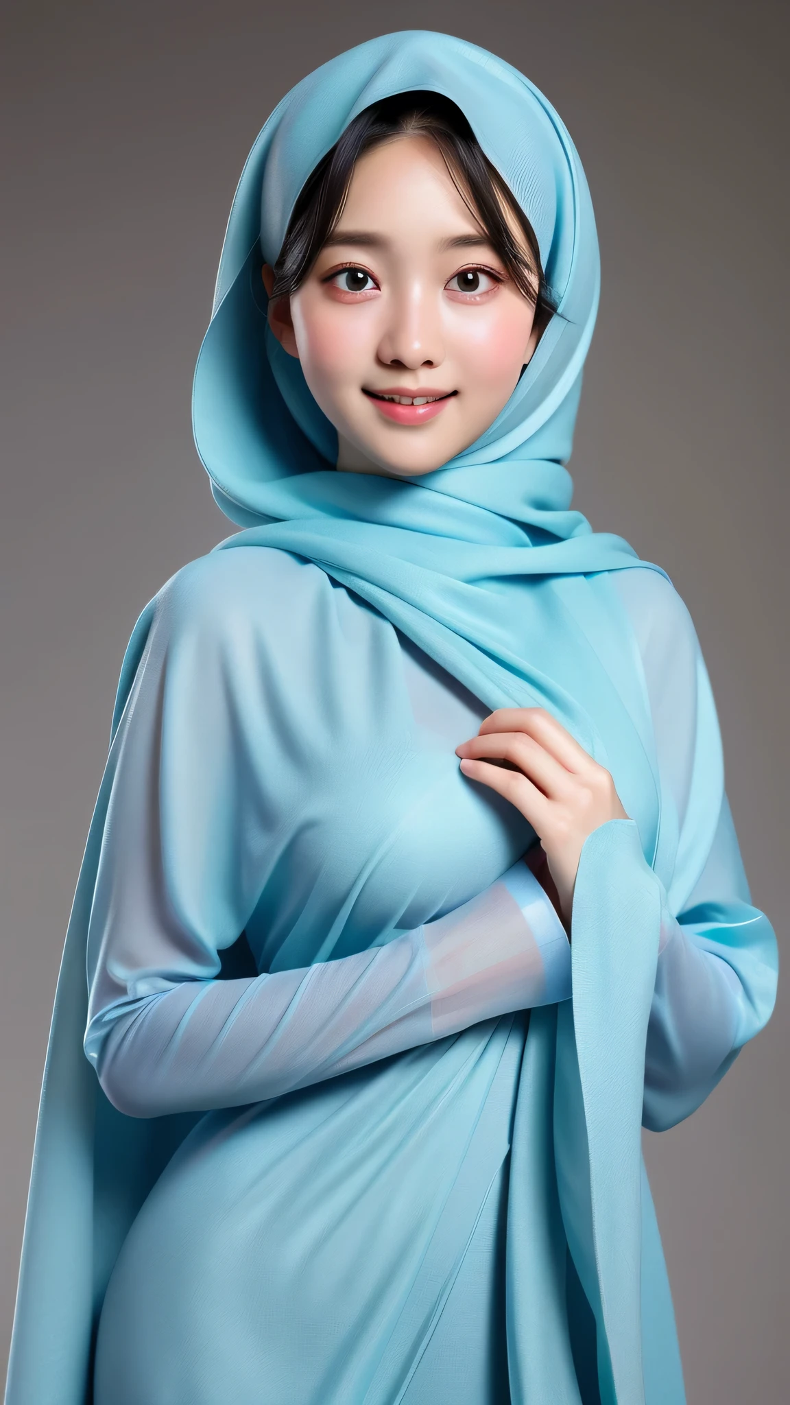 (Masterpiece: 1.4, Best Quality): This exquisite 8k wallpaper showcases full body portrait of A 18 years old Korean girl in elegant detail. Dressed in a full covered cloth long, beautiful light blue hijab and jubba thobbe, she exudes an air of tranquility and aesthetic beauty. The perfect lighting illuminates her every feature, revealing intricate details of her slim body and medium-sized, covered breasts. Her face is a portrait of perfection, with highly detailed facial features including subtle blush and a captivating expression that plays with the eyes, rolling, crossed, or simply expressive. The background is equally detailed, bursting with unity and realism. (Solo)