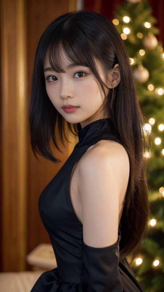 Close-up of a woman in a black dress standing near a Christmas tree, an album cover by Yang J, tumbler, Tachismo, Sexy Dress, She is wearing a black dress, Trending on cgstation, Gorgeous Chinese Model, Trending on cgstation, Tube top dress, In a dress, Cruel Korean Goth Girl, Chen Xintong