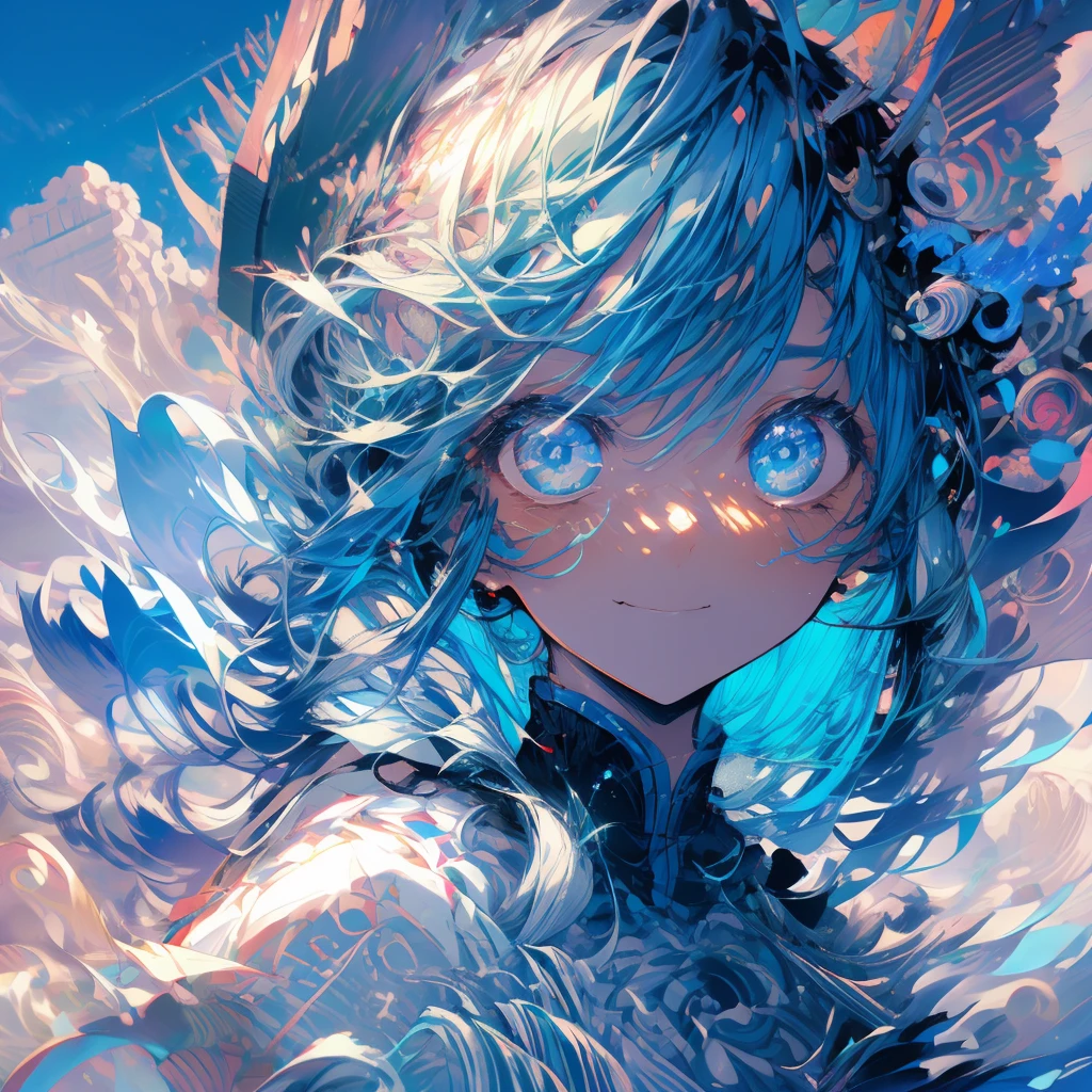 solitary, 1 boy,a boy，Boy Sculpture, best quality, Extremely detailed, Light, Intricate details, high resolution, Official Art, Delicate face and eyes, high resolution插图, 8K, dark, Strong shadows, Overexposure,((space)),boys， universe, Light blue hair, Gradient hair, White Dress, , Long Teng flowing sweatshirt long sleeve, Detailed clouds, Gradient sky, Light blue eyes, Blue sky,  Smile,  Upper Body，a boy