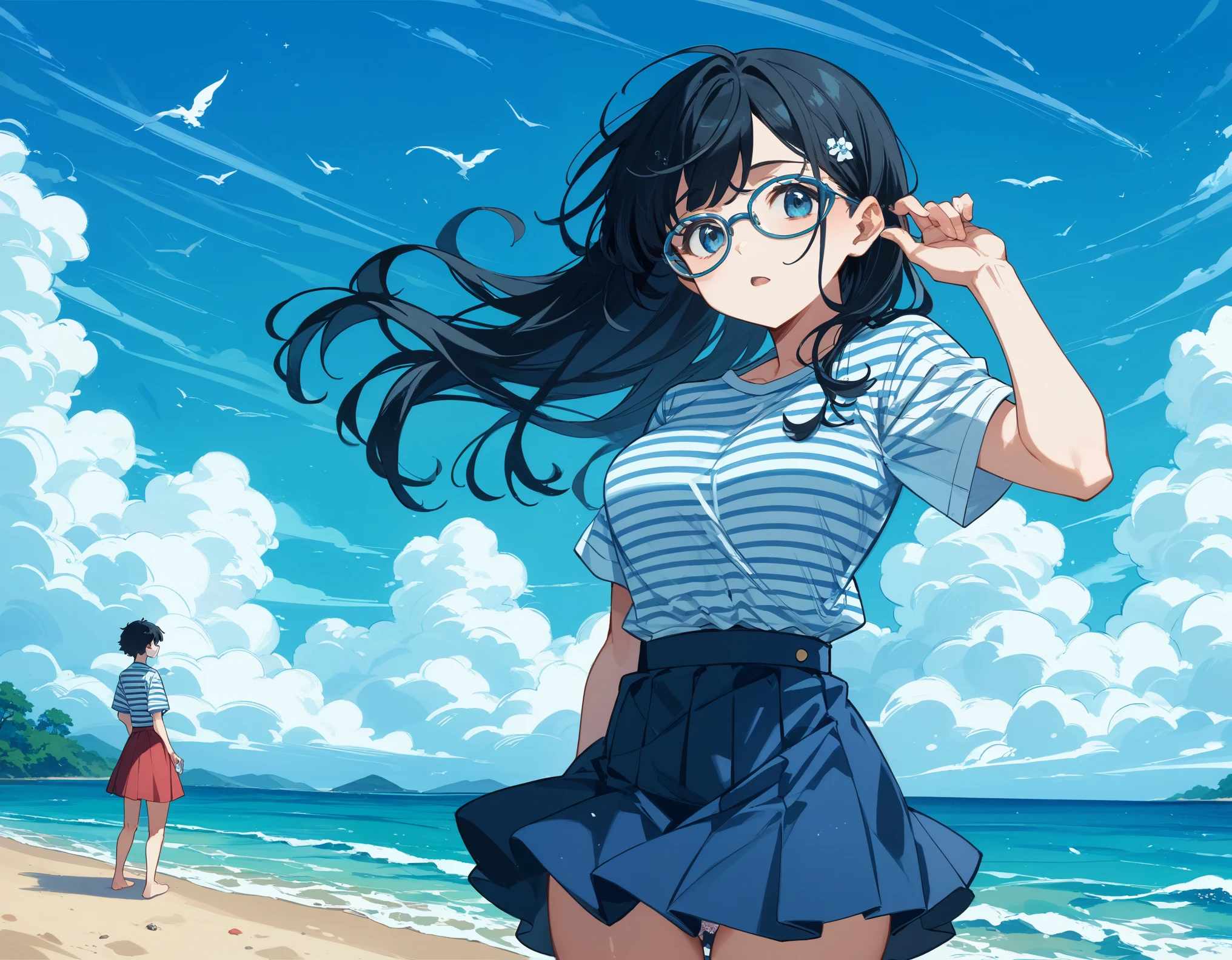 sticking to the shirt、Her breasts are visible through her blue and white striped shirt、Blue flared skirt、She lifts her skirt to reveal her cute white lace underwear、Girl with long black hair and glasses、whole body、Sandy beach and blue sky