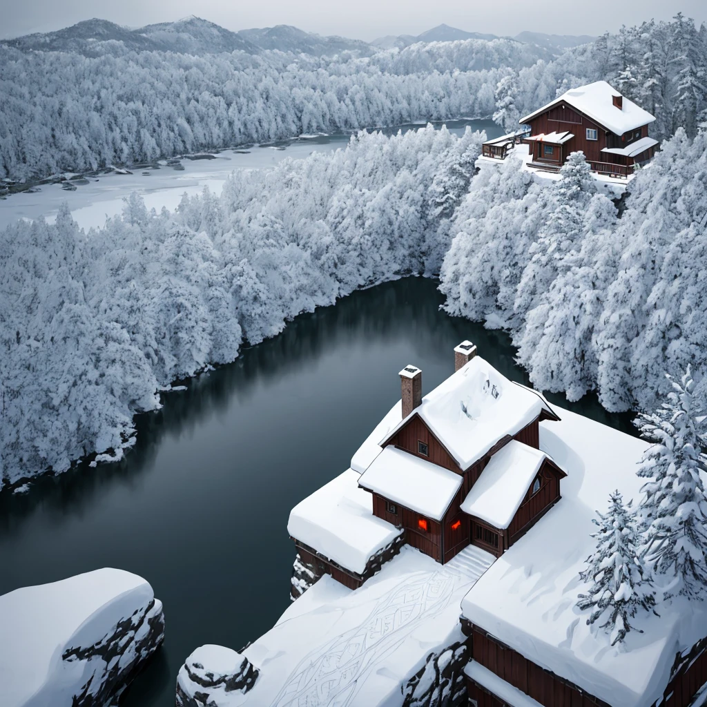 house on a mountain, big River, rocks with snow, sharp focus, Crazy detailed, 8k. 50mm lens