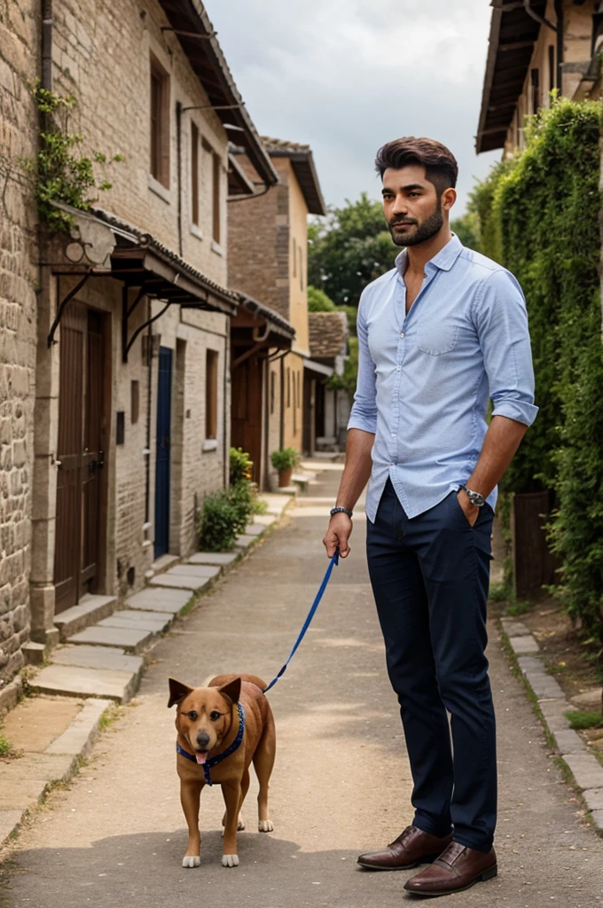 A man standing in beautiful village with full confidence
And with his dog 