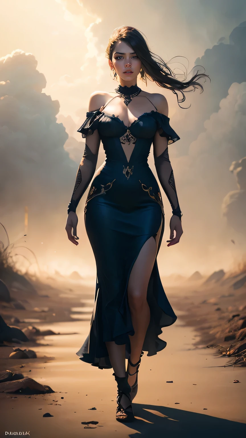 Arad woman , full body shot, in light.blue tranparent dress walks across the beach, inspired by Darek Zabrocki, Brooke Sardin in detail, Goddess of dust, (tmasterpiece),(photorealestic),(Reality:1.2),(RAW photogr:1.2),(best qualtiy:1.2),(Detailed face: 1.4),(Beautiful detailed eyes:1.2),(detailed hairs),light in face,inspired by Maciej Kuciara, inspired by Igor Kieryluk, author:Darek Zabroki, Tomasz Alen Kopera and CGsociety, cloud goddess, Wind and dust