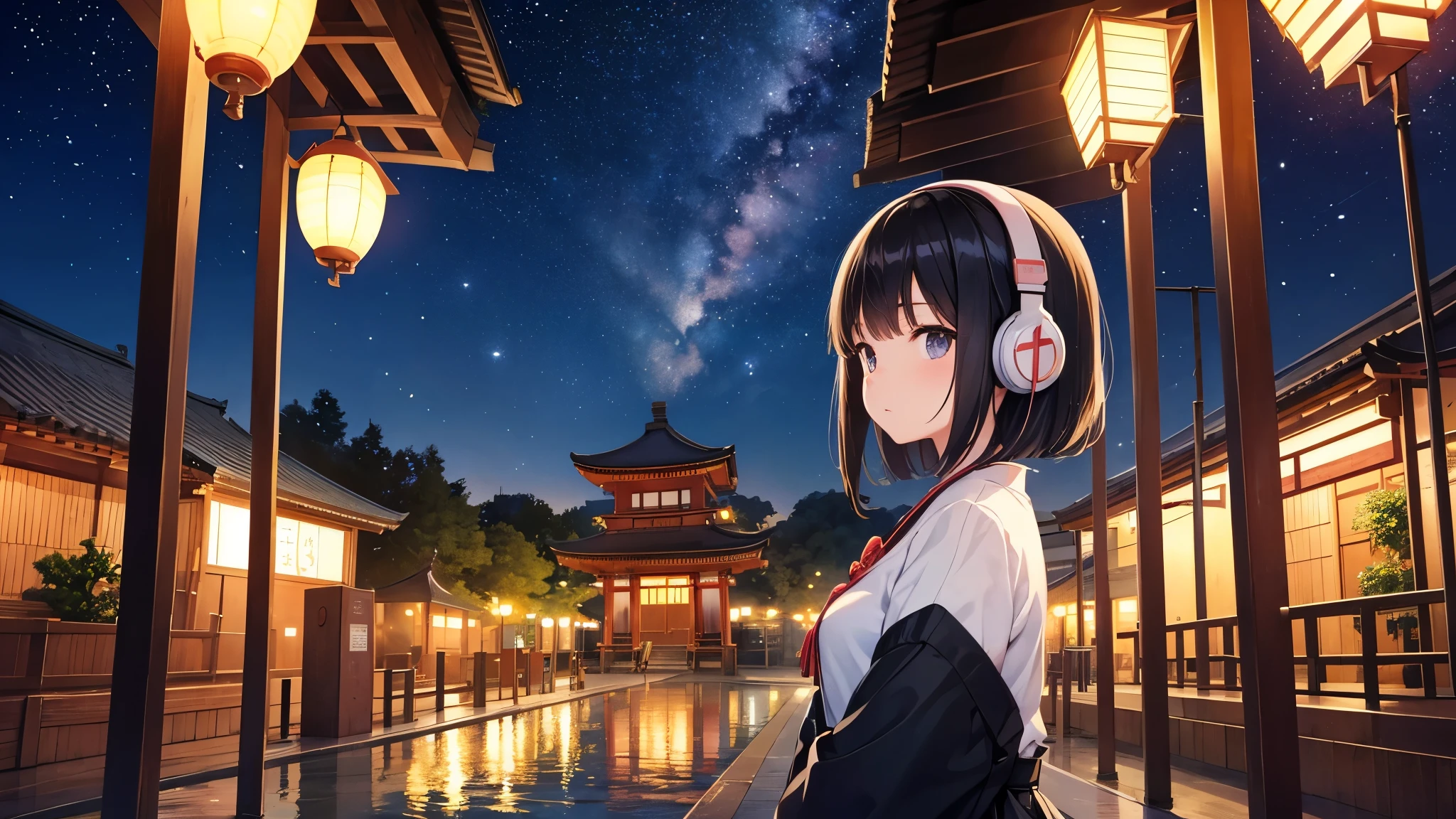 A place where you can see Osaka Tenmangu Shrine。A young girl with black hair wearing stylish clothes and headphones labeled "lo-fi" The girl is shown in profile, gazing into the distance with a calm, relaxed expression Background depicts the iconic scenery of Namba, Osaka at night, without any text on signs A starry night sky adding to the peaceful atmosphere Overall mood is quiet and serene, perfect for lo-fi music Detailed hair rendering and careful attention to the girl's fashionable outfit The entire scene should evoke a relaxing, introspective feeling associated with lo-fi music