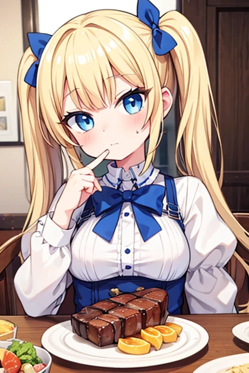 Eat a giant steak,Highest quality,Blonde with blue eyes、****ta、Small breasts、Twin tails、girl&#39;Mischievous Smile,Holding a fork and knife,