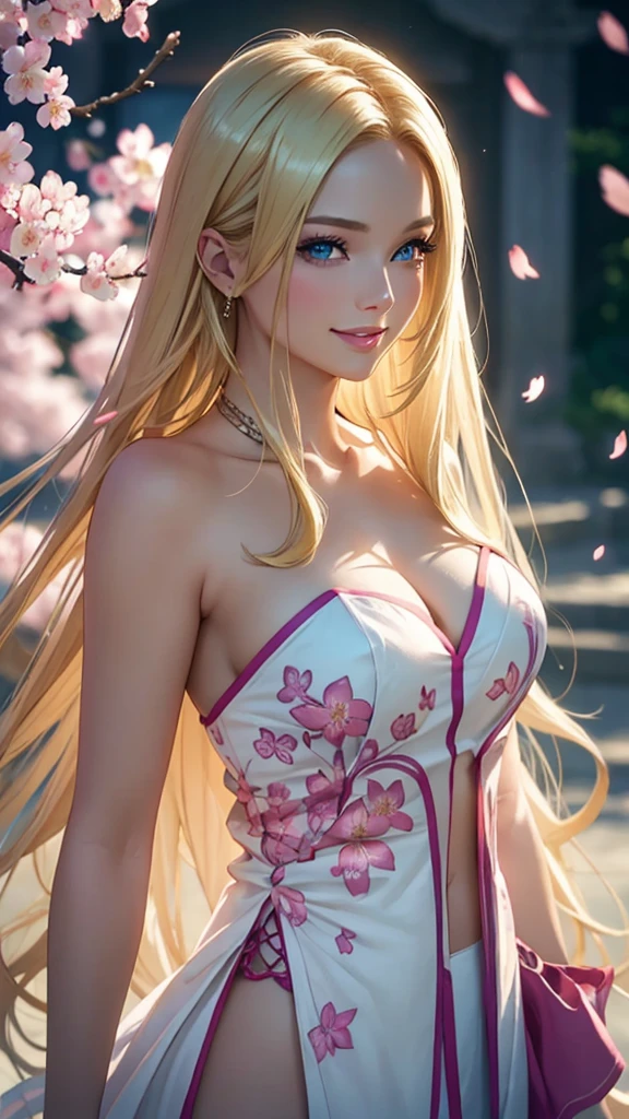 (best quality,ultra-detailed,photo-realistic:1.37),bright and vibrant colors,studio lighting,playful expression,stylish makeup,long blonde hair flowing in the wind,alluring eyes,glossy lips,sexy pose, Cherry Blossom, smiling in a confident and seductive way,posing for a professional photoshoot,shallow depth of field,highlighting the main subject,soft natural lighting,creating a dreamy and magical atmosphere.