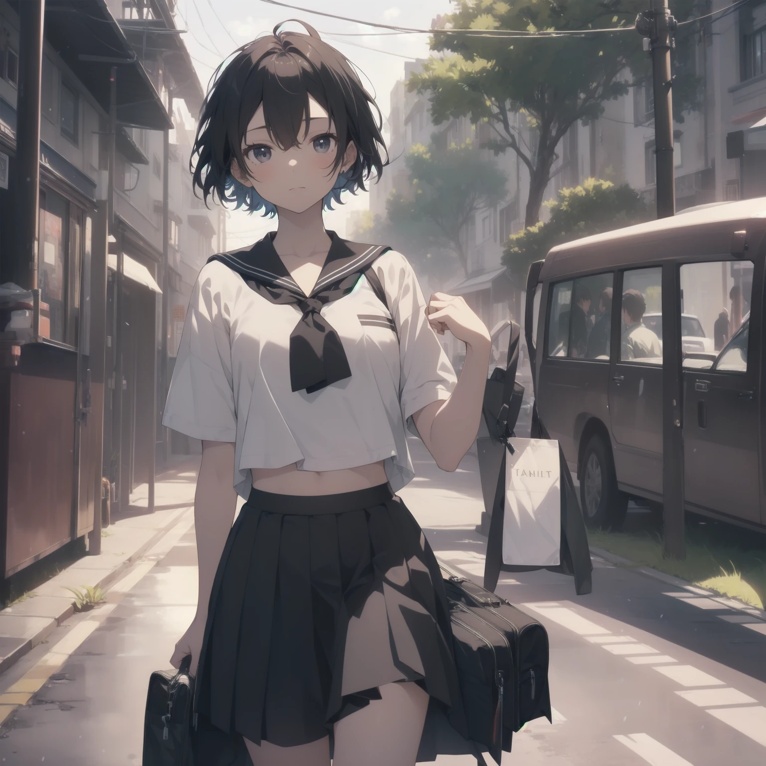 ultra-absurdres-Top quality by artist God, ultra-detailed, high resolution, anime moe artstyle, best anime 8k konachan wallpaper, pixiv contest winner, pool:2810, perfect anatomy,break, 1girl, (Please draw a girl walking sleepily to school alone. )break,(Solo,little female, 13-year-old:1.3),Full limbs, complete fingers,a junior high school student, (very short hair), short cut, flat chest, , small butt, small black eyes, beautiful detailed eyes, well-proportioned iris and pupils, expressive eyes, highres detailed hair, soft expression, salor school_uniform, sailor collar, serahuku, bow, pleated skirt,(Detailed Lighting), (Detailed background), in the School commute route. break,super detailed skin, Best cinematic lighting powered by famous artist, 8k,beauty illustration,photoshop_(medium),very aesthetic,break,((artist:horosuke )), artist:clamp ,artist:carnelian ,artist:kantoku ,