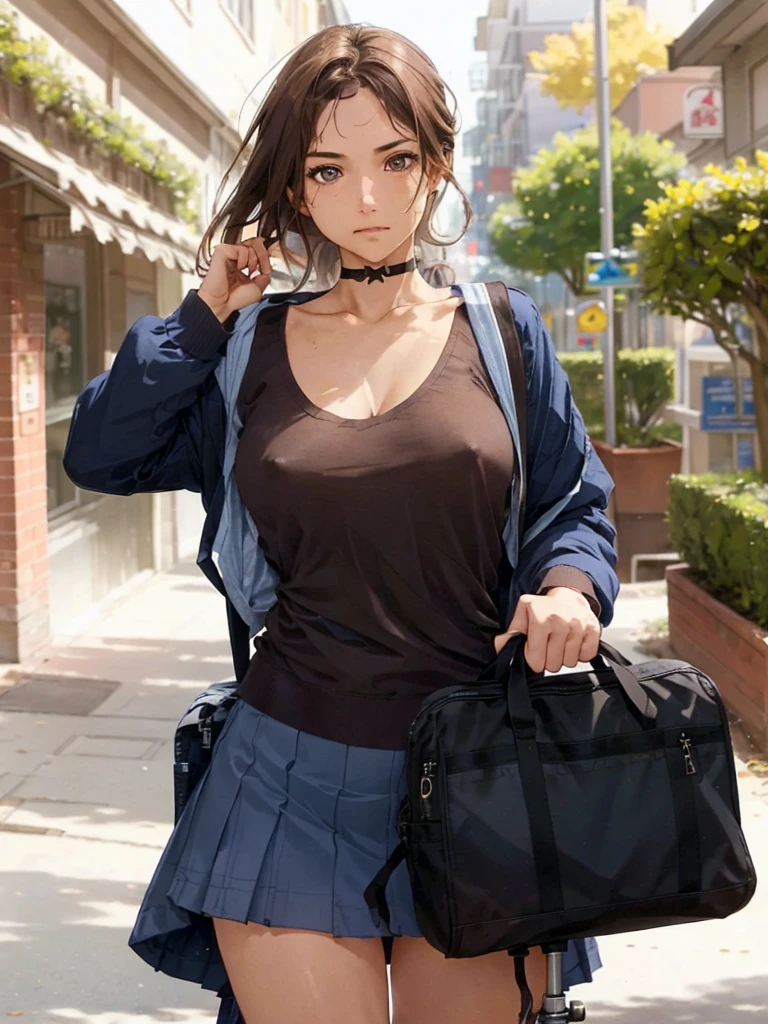 Extremely beautiful school girl, brown hair , pantie tug, covered_nipples, blue bra, blushed, [small breast], , have a school bag, noughty face, riding bike, Styled with gears and mechanical accents, 