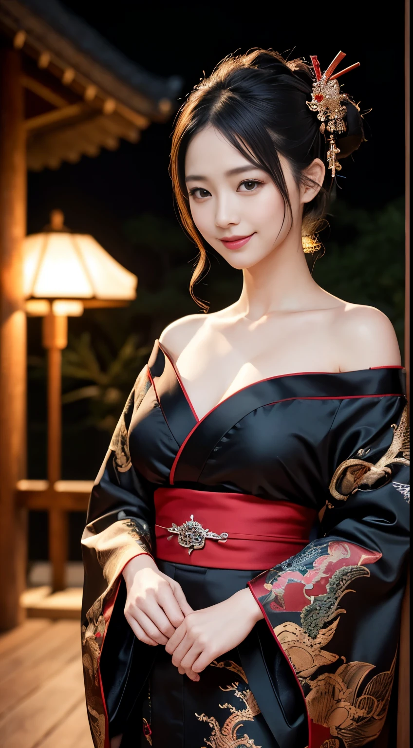 8K Ultra HD, Digital SLR,Film Grain, Fujifilm XT3,(Highest quality:1.3), (masterpiece:1.1), High resolution, Cinematic Light, Intricate details, (Realistic) (Night view) Realistic backlight、Dramatic reddish light、Beautiful Japanese Geisha full body photo, ((Facial texture Pore details)), Grin、Devilish smile, Simple messy hairstyle, She wears a black satin kimono decorated with traditional dragon motifs.., Open shoulders, Colorful dragon tattoos all over the body, Has a long blade, Long-bladed Japan sword in hand,Inside a traditional villa, 8k, Front blur