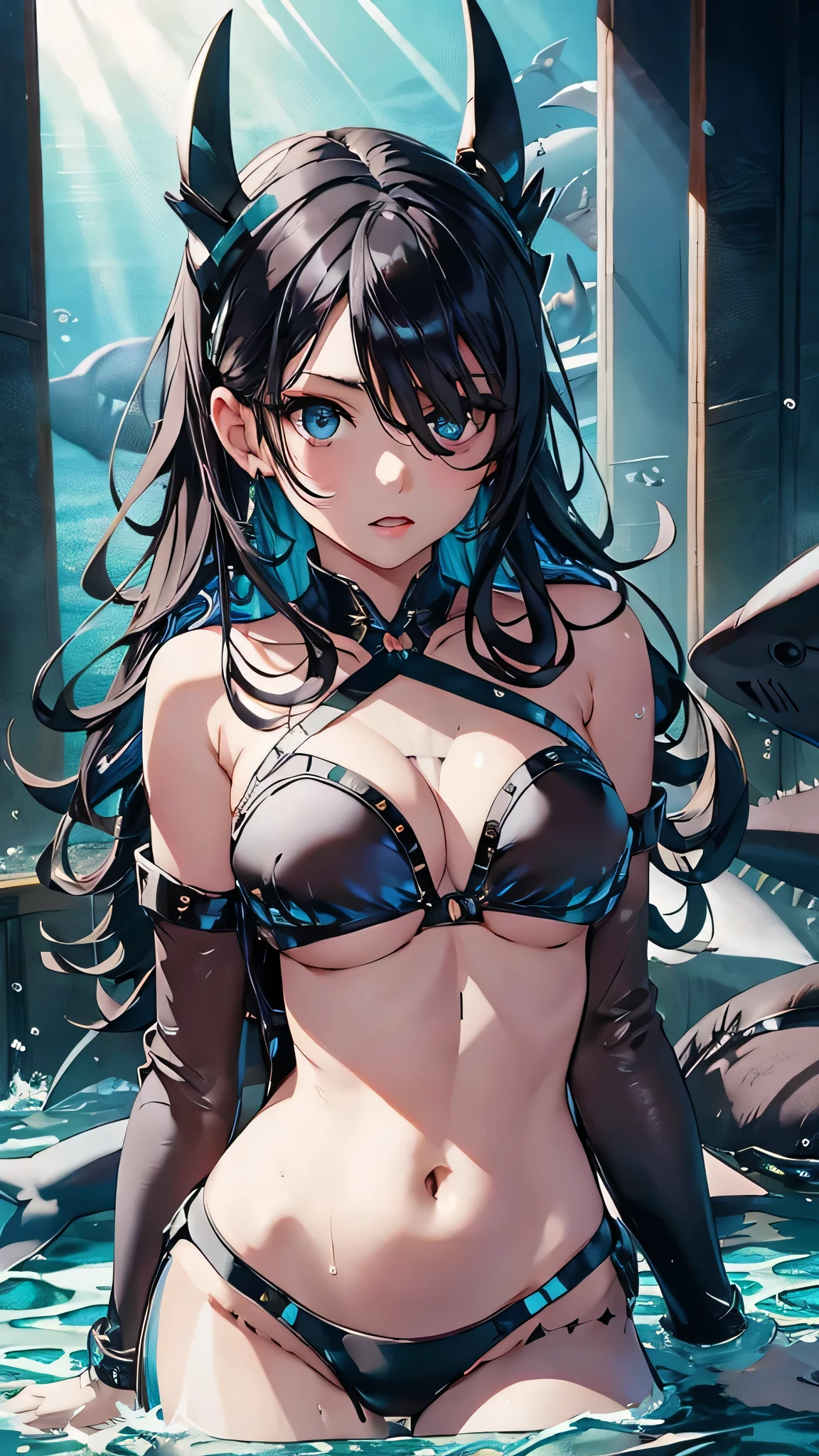 最high quality、Best image quality、masterpiece、With a girl((cute、、Best Bust、Medium Bust、Beautiful Blue Eyes、Spread your chest wide,Black Hair、Disheveled Hair、thin、Highest Valley、Black Bikini(1:3)、My whole body is wet、swim、Sea Floating)）high quality、Beautiful art、background((Sea、deep sea、shark)),Tabletop、Exquisite design、Visual Arts、Written boundary depth、Best lighting、Highest detail、8ｋ