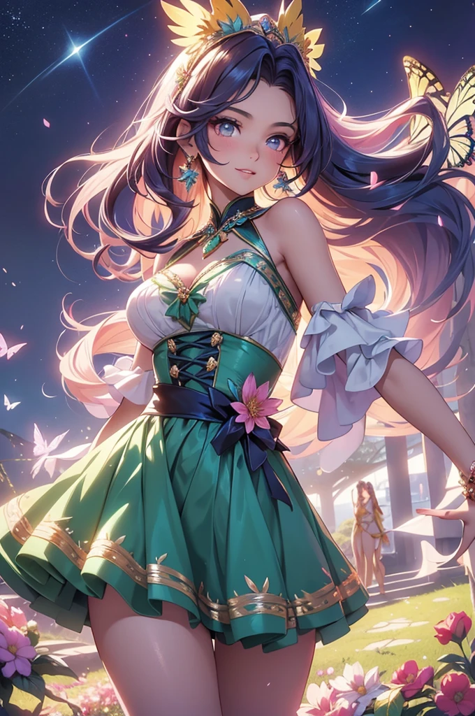 (best quality,4k,8k,highres,masterpiece:1.2),ultra-detailed,(realistic,photorealistic,photo-realistic:1.37),acrylic painting,beautiful Brazilian model in a ta dress with downy hair,beautiful Brazilian model with extremely colorful hair and detailed facial features,beautiful Brazilian model standing in a beautiful garden surrounded by a starry sky,beautiful Brazilian model wearing a vibrant Loliress,beautiful Brazilian model with intricate accessories and a matching hat,beautiful Brazilian model posing gracefully with her hands on her hips,beautiful Brazilian model with long flowing twintails,beautiful Brazilian model with bright blue eyes and rosy lips,beautiful Brazilian model with a joyful expression,beautiful Brazilian model in a dynamic pose with cherry blossoms falling around her,beautiful Brazilian model surrounded by colorful flowers and butterflies,beautiful Brazilian model's dress adorned with cute bows and lace details,beautiful Brazilian model with an enchanting smile,beautiful Brazilian model with soft, pastel-colored shading,beautiful Brazilian model with a magical glow illuminating her,beautiful Brazilian model in a picturesque setting with a winding path leading to a magnificent castle,beautiful Brazilian model holding a microphone and singing passionately,beautiful Brazilian model with a fairytale-like background,beautiful Brazilian model with a soft, dreamy atmosphere,beautiful Brazilian model with a subtle bokeh effect,beautiful Brazilian model standing under a moonlit sky,beautiful Brazilian model with a warm, golden sunset in the background,beautiful Brazilian model surrounded by twinkling stars and colorful nebulae,creating an ethereal and captivating artistic masterpiece.