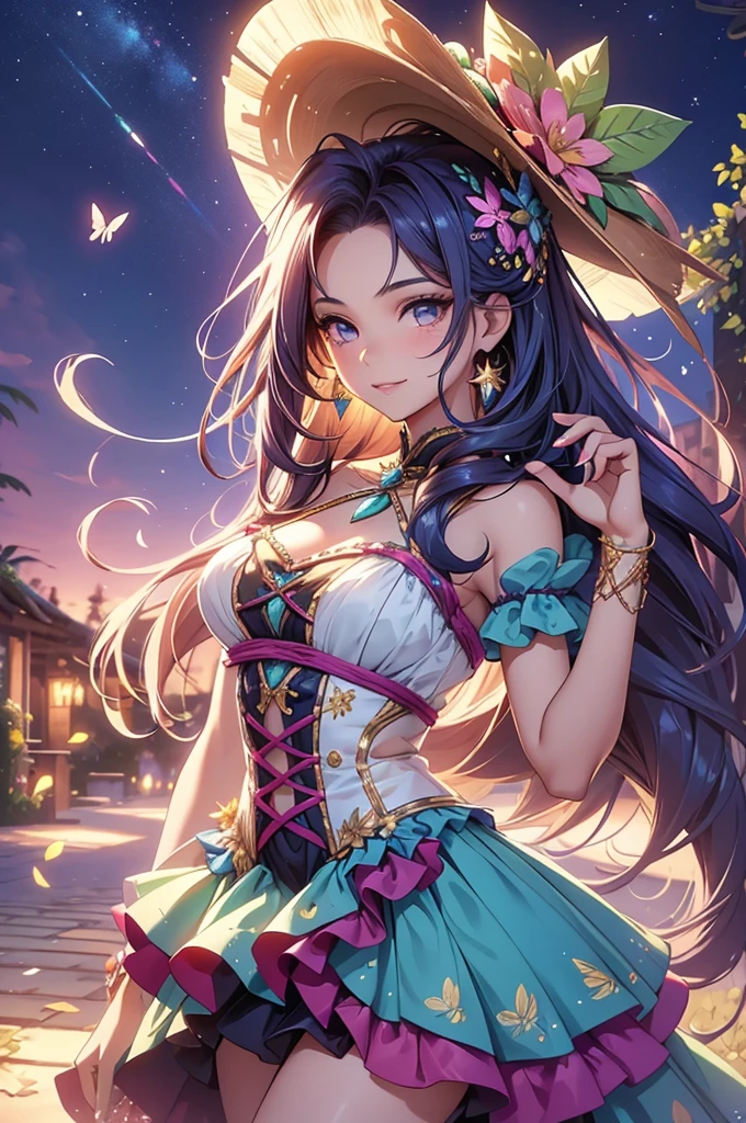 (best quality,4k,8k,highres,masterpiece:1.2),ultra-detailed,(realistic,photorealistic,photo-realistic:1.37),acrylic painting,beautiful Brazilian model in a ta dress with downy hair,beautiful Brazilian model with extremely colorful hair and detailed facial features,beautiful Brazilian model standing in a beautiful garden surrounded by a starry sky,beautiful Brazilian model wearing a vibrant Loliress,beautiful Brazilian model with intricate accessories and a matching hat,beautiful Brazilian model posing gracefully with her hands on her hips,beautiful Brazilian model with long flowing twintails,beautiful Brazilian model with bright blue eyes and rosy lips,beautiful Brazilian model with a joyful expression,beautiful Brazilian model in a dynamic pose with cherry blossoms falling around her,beautiful Brazilian model surrounded by colorful flowers and butterflies,beautiful Brazilian model's dress adorned with cute bows and lace details,beautiful Brazilian model with an enchanting smile,beautiful Brazilian model with soft, pastel-colored shading,beautiful Brazilian model with a magical glow illuminating her,beautiful Brazilian model in a picturesque setting with a winding path leading to a magnificent castle,beautiful Brazilian model holding a microphone and singing passionately,beautiful Brazilian model with a fairytale-like background,beautiful Brazilian model with a soft, dreamy atmosphere,beautiful Brazilian model with a subtle bokeh effect,beautiful Brazilian model standing under a moonlit sky,beautiful Brazilian model with a warm, golden sunset in the background,beautiful Brazilian model surrounded by twinkling stars and colorful nebulae,creating an ethereal and captivating artistic masterpiece.