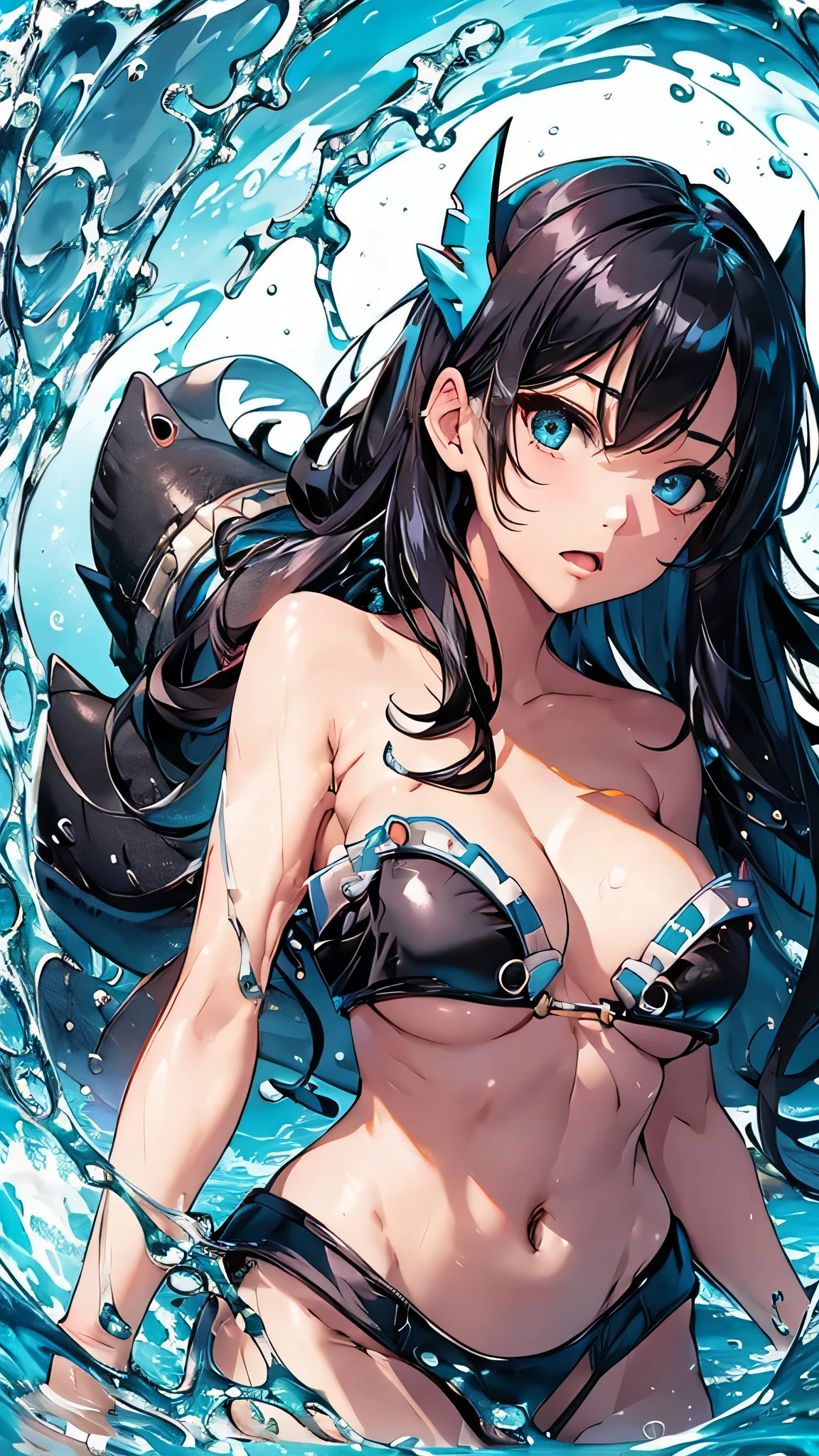 最high quality、Best image quality、masterpiece、With a girl((cute、s old、Best Bust、Medium Bust、Beautiful Blue Eyes、Spread your chest wide,Black Hair、Disheveled Hair、thin、Highest Valley、Black Bikini(1:3)、My whole body is wet、swim、Sea Floating))high quality、Beautiful art、background((Sea、deep sea、shark)),Tabletop、Exquisite design、Visual Arts、Written boundary depth、Best lighting、Highest detail、8k