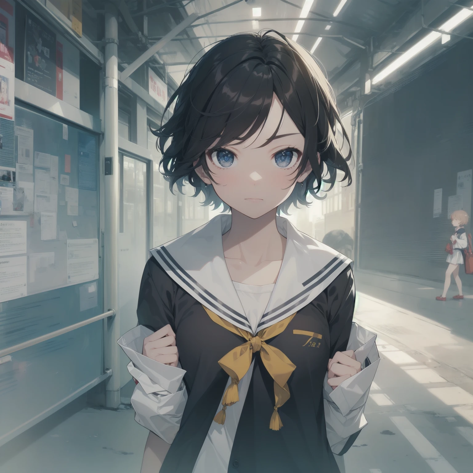 ultra-absurdres-Top quality by artist God, ultra-detailed, high resolution, anime moe artstyle, best anime 8k konachan wallpaper, pixiv contest winner, pool:2810, perfect anatomy,break, 1girl, (Please draw a girl walking sleepily to school alone. )break,(Solo,little female, 13-year-old:1.3),Full limbs, complete fingers,a junior high school student, (very short hair), short cut, flat chest, , small butt, small black eyes, beautiful detailed eyes, well-proportioned iris and pupils, expressive eyes, highres detailed hair, soft expression, salor school_uniform, sailor collar, serahuku, bow, pleated skirt,(Detailed Lighting), (Detailed background), in the School commute route. break,super detailed skin, Best cinematic lighting powered by famous artist, 8k,beauty illustration,photoshop_(medium),very aesthetic,break,((artist:horosuke )), artist:clamp ,artist:carnelian ,artist:kantoku ,

