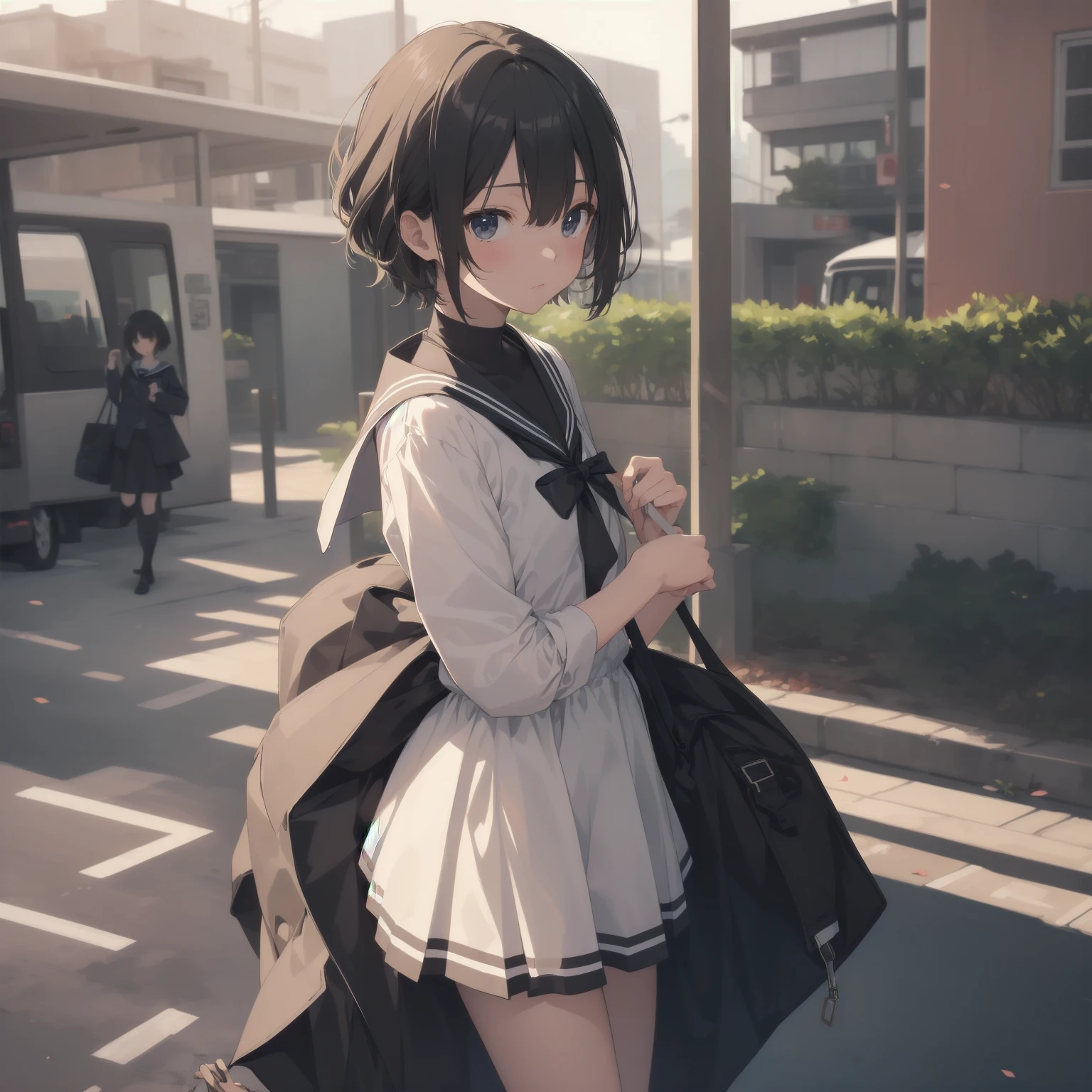 ultra-absurdres-Top quality by artist God, ultra-detailed, high resolution, anime moe artstyle, best anime 8k konachan wallpaper, pixiv contest winner, pool:2810, perfect anatomy,break, 1girl, (Please draw a girl walking sleepily to school alone. )break,(Solo,little female, 13-year-old:1.3),Full limbs, complete fingers,a junior high school student, (very short hair), short cut, flat chest, , small butt, small black eyes, beautiful detailed eyes, well-proportioned iris and pupils, expressive eyes, highres detailed hair, soft expression, salor school_uniform, sailor collar, serahuku, bow, pleated skirt,(Detailed Lighting), (Detailed background), in the School commute route. break,super detailed skin, Best cinematic lighting powered by famous artist, 8k,beauty illustration,photoshop_(medium),very aesthetic,break,((artist:horosuke )), artist:clamp ,artist:carnelian ,artist:kantoku ,
