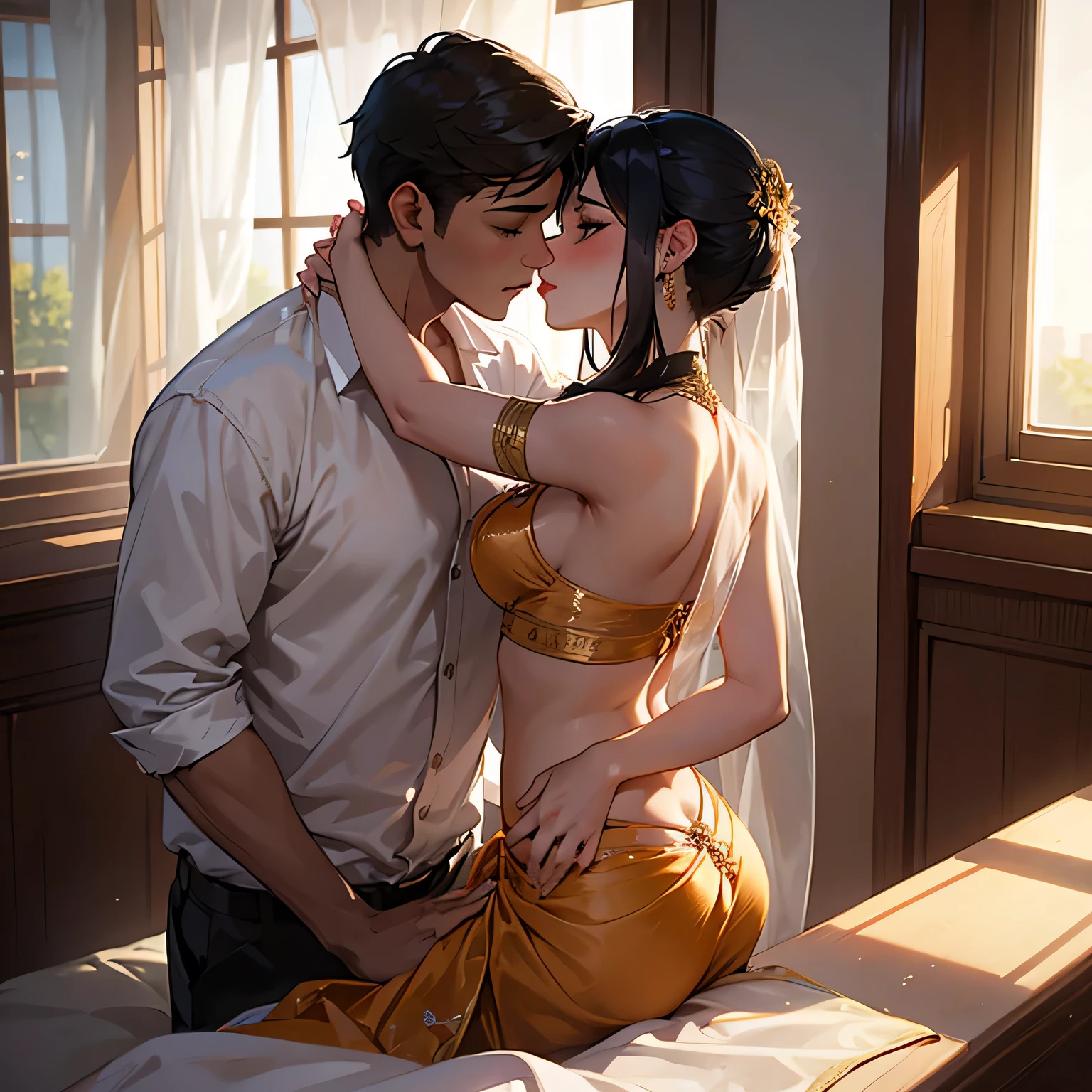 Young boy shirtless kissing a sexy woman wearing a saree near a windowsill, natural light beaming through window, passionate love-making, making out, intensely intimate