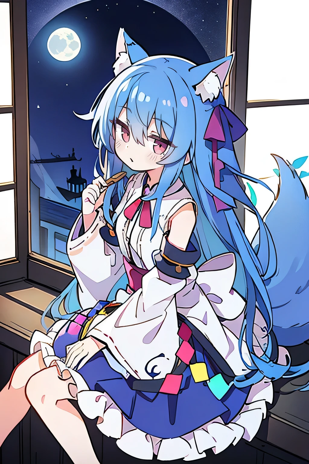 sitting on window sill drinking coffee and looking out the window,girl,moon,bird,star(Sky),Long hair,starry Sky,((Blue hair))),animal,Wide sleeves,cream,Flowers,Night Sky,Embrace,Very long hair,Full Moon,looking_at_viewer,Ribbon trimming,Ribbon trimming sleeves,Long sleeve,skirt,Red Eye,solo,Japanese clothes,Sky,Fox ears,Fox Tail,Fox Girl,