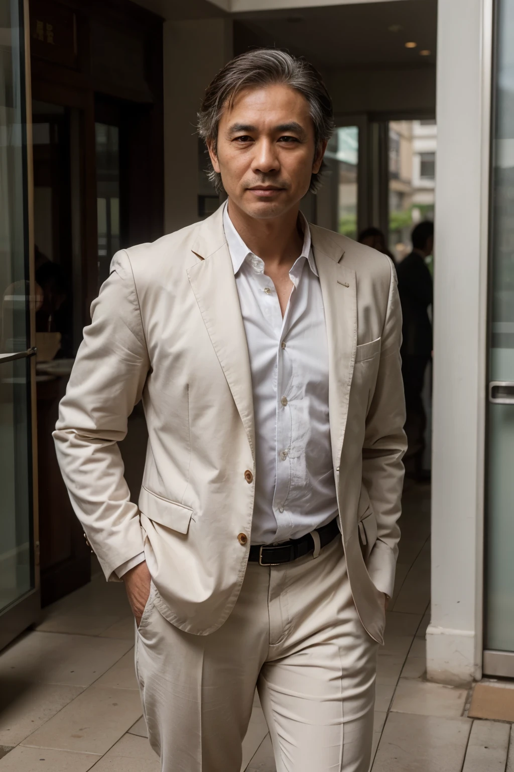Man in his 50s, white hair, Oriental Man, semi formal, thick hair, suit mai