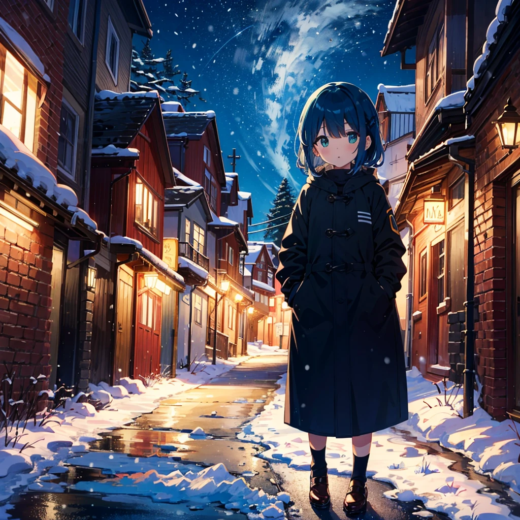 Top quality, super high resolution, 1 girl, alone, whole body, snow, city, blue hair, green eyes, nfufu, chubby, night, 5 , (young: 1.9),
