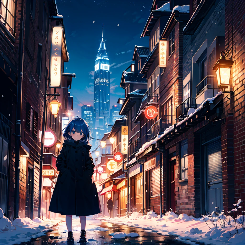 Top quality, super high resolution, 1 girl, alone, whole body, snow, city, blue hair, green eyes, nfufu, chubby, night, 5 , (young: 1.9),