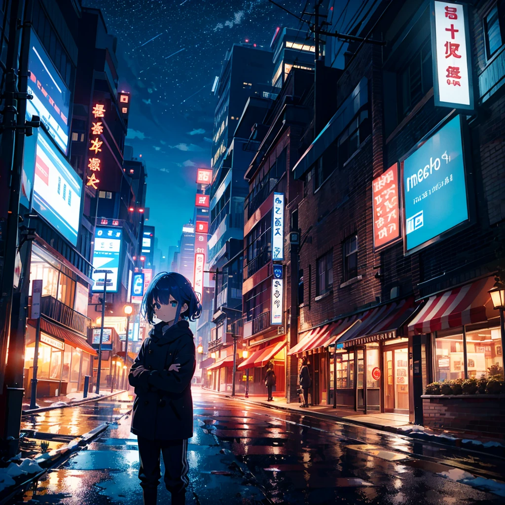 Top quality, super high resolution, 1 girl, alone, whole body, snow, city, blue hair, green eyes, nfufu, chubby, night, 5 years old, (young: 1.9),