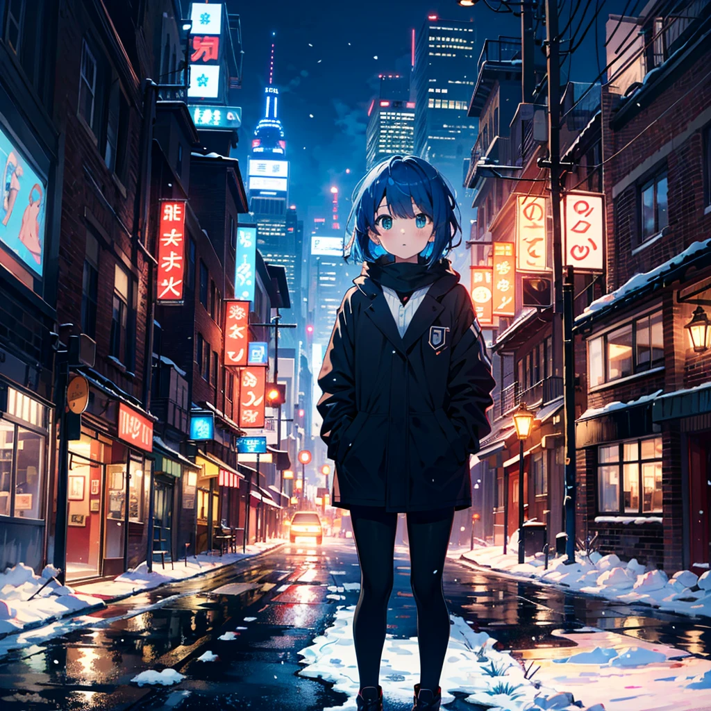 Top quality, super high resolution, 1 girl, alone, whole body, snow, city, blue hair, green eyes, nfufu, chubby, night, 5 , (young: 1.9),

