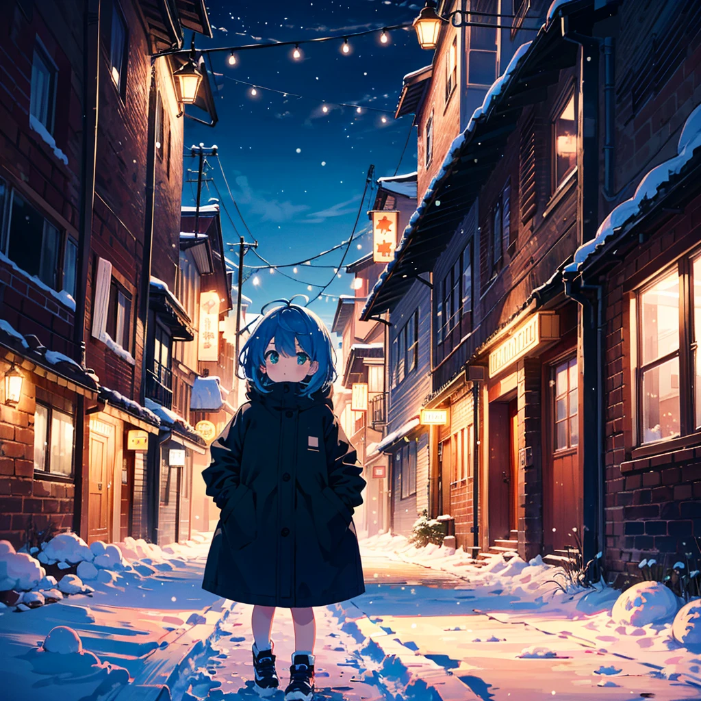 Top quality, super high resolution, 1 girl, alone, whole body, snow, city, blue hair, green eyes, nfufu, chubby, night, , (young: 1.9),