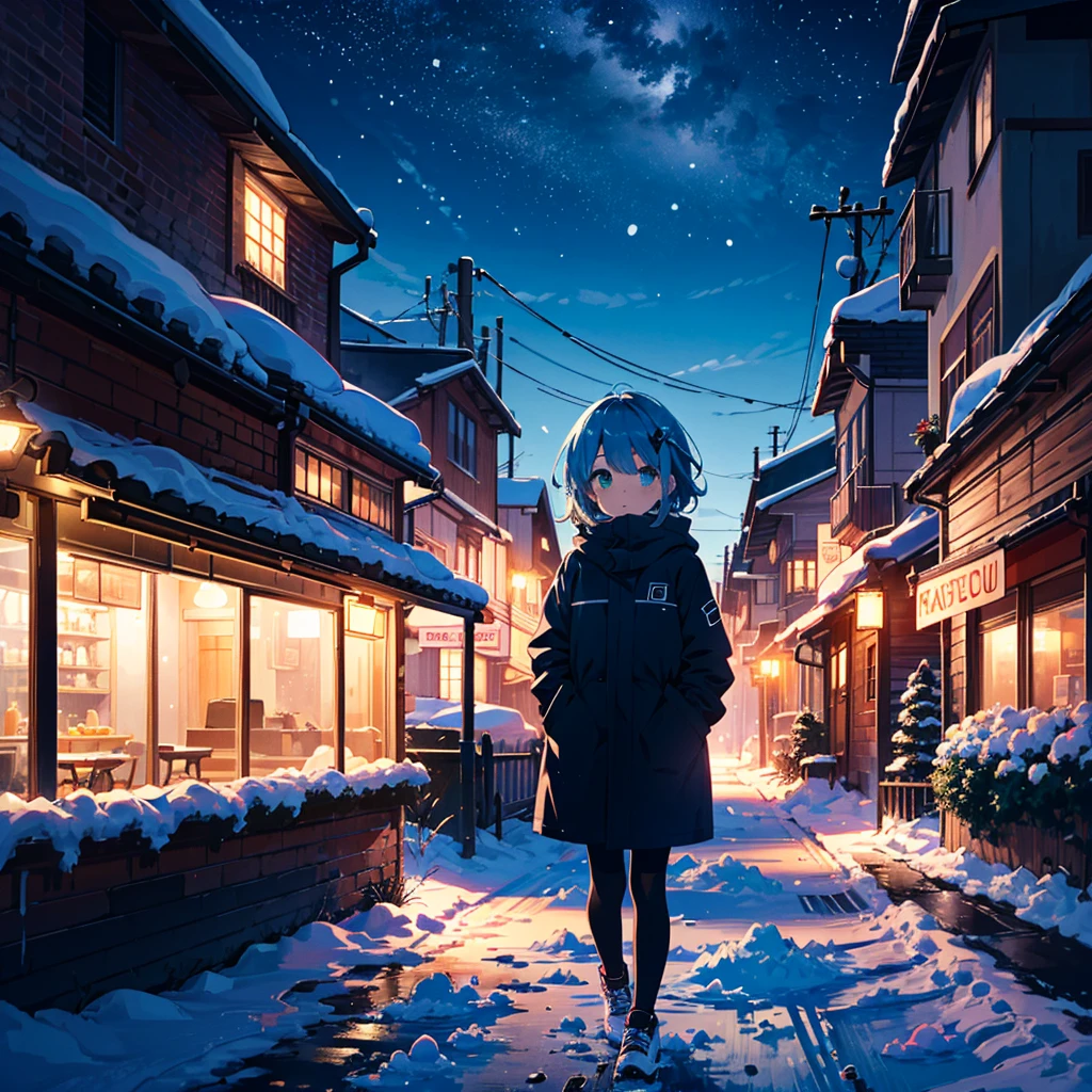 Top quality, super high resolution, 1 girl, alone, whole body, snow, city, blue hair, green eyes, nfufu, chubby, night, , (young: 1.9),