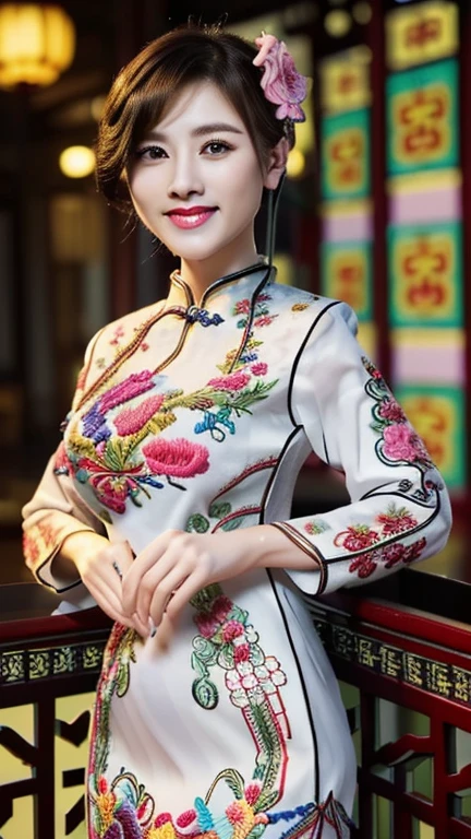 ((Highest quality、8k、masterpiece:1.3))、Detailed Background、Chinese Palace、Young Japanese woman、(Anatomically correct body)、(Perfect Body Beauty:1.3)、Highly detailed beautiful face、Beautiful skin texture、(Cute smile)、(Well-formed eyes、Beautiful Eyes)、double eyelid、(Large Breasts)、Beautiful curves、Beautiful long legs、(((Beautiful patterned embroidered cheongsam:1.3)))