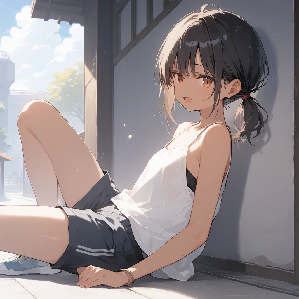 score_9, score_8_up, score_7_up, source_anime, best quality, masterpiece, official art, absurdres, highres, ultra-detailed,waifu2x,Collection: Slice of Life,break,1girl, tomboy, dark-skinned female, short hair, low ponytail, flat chest, beautiful detailed eyes, shorts, sweat, open mouth, (yawn:0.3), sleepily, outdoors, wind,break,(clear line illustration:1.2), super detailed skin,very high resolution, very aesthetic, Best sexual lighting powered by famous artist, 8k,cute picture,beauty illustration,photoshop_(medium),,(Detailed Lighting),best anime 8k konachan wallpaper, pixiv contest winner,