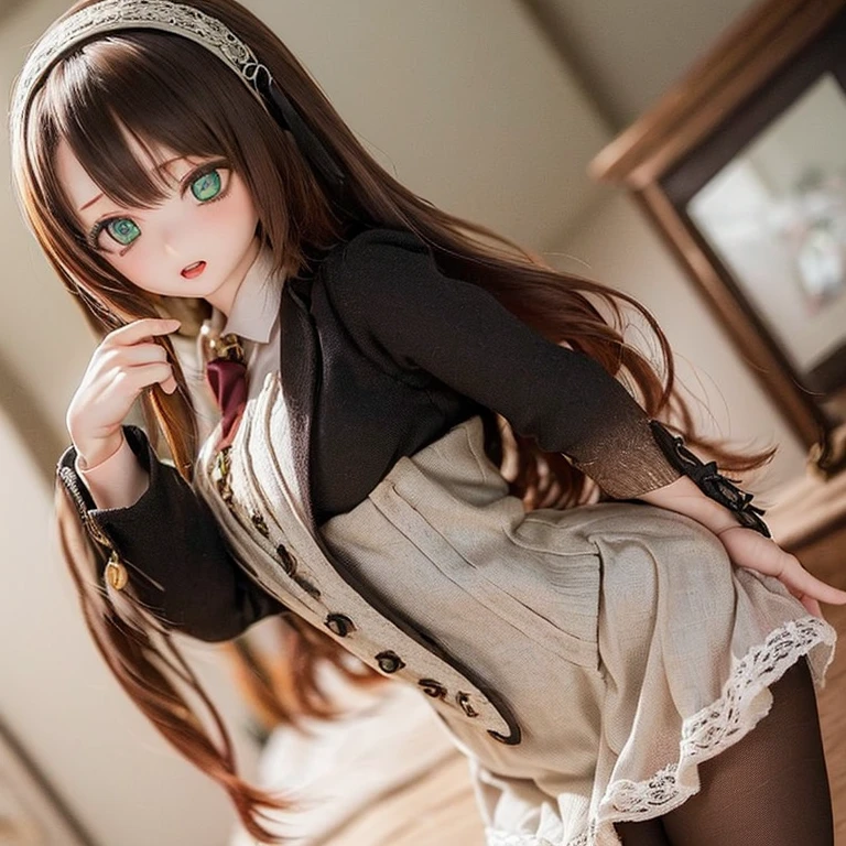 photorealistic, realistic photo, 8k, ((highest quality)), ((masterpiece)), (extremely detailed), kukolnydom, doll, (mature woman, 21yo, 21 years old, solo:1.6), ((dutch angle, panty pull, slim, slender, skinny, medium breasts, bowler hat, frilled shirt, puffy sleeves, corset, tiered pannier skirt, thigh-high socks)), (green eyes, brown hair, long hair, plastic skin, looking at another, glass eyes, gradient eyes, shining eyes, detailed eyes:1.3)