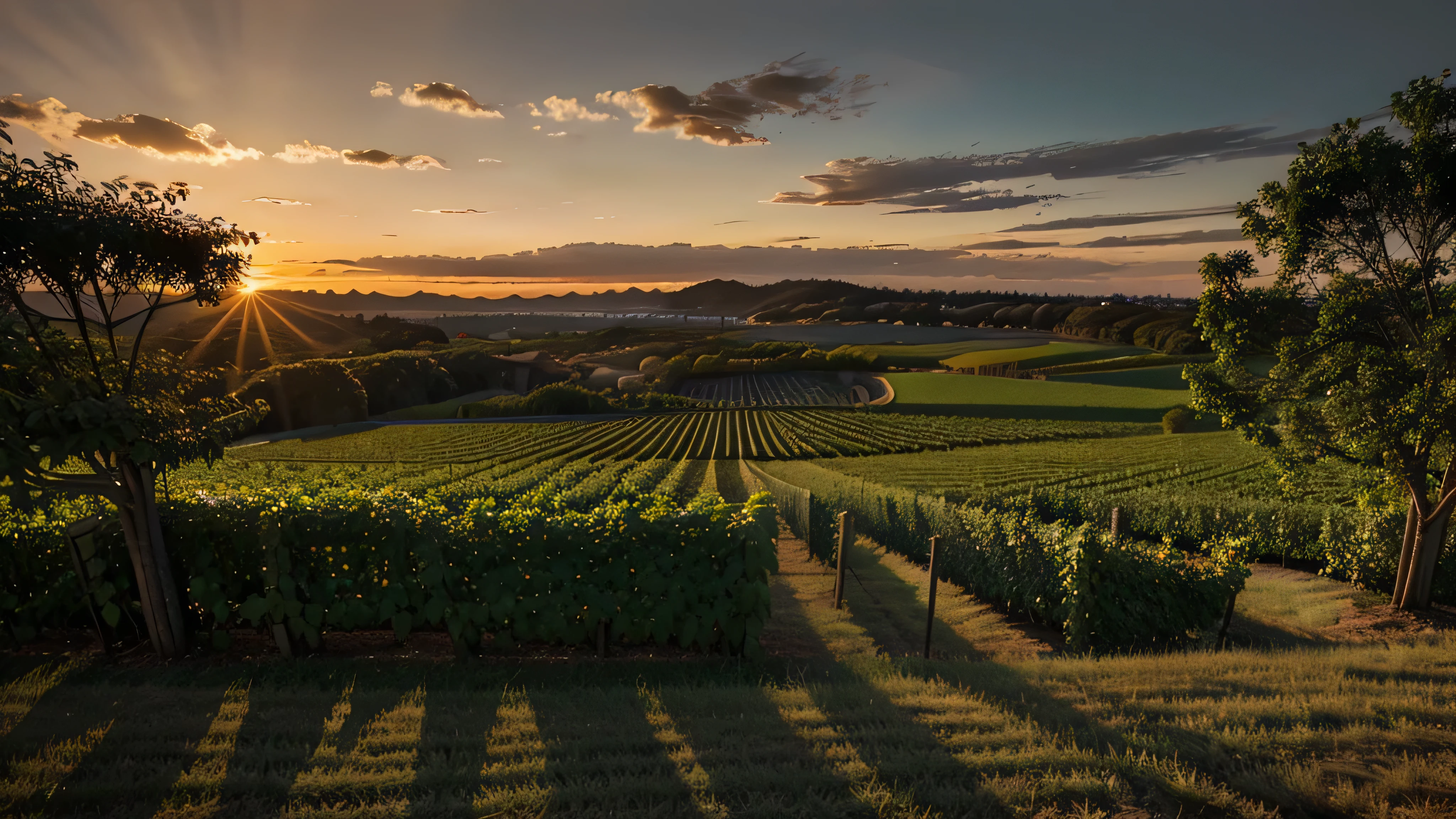 Amazing vinery lanscape in sunrise, ultra realistic, wide angle, dramatic style.