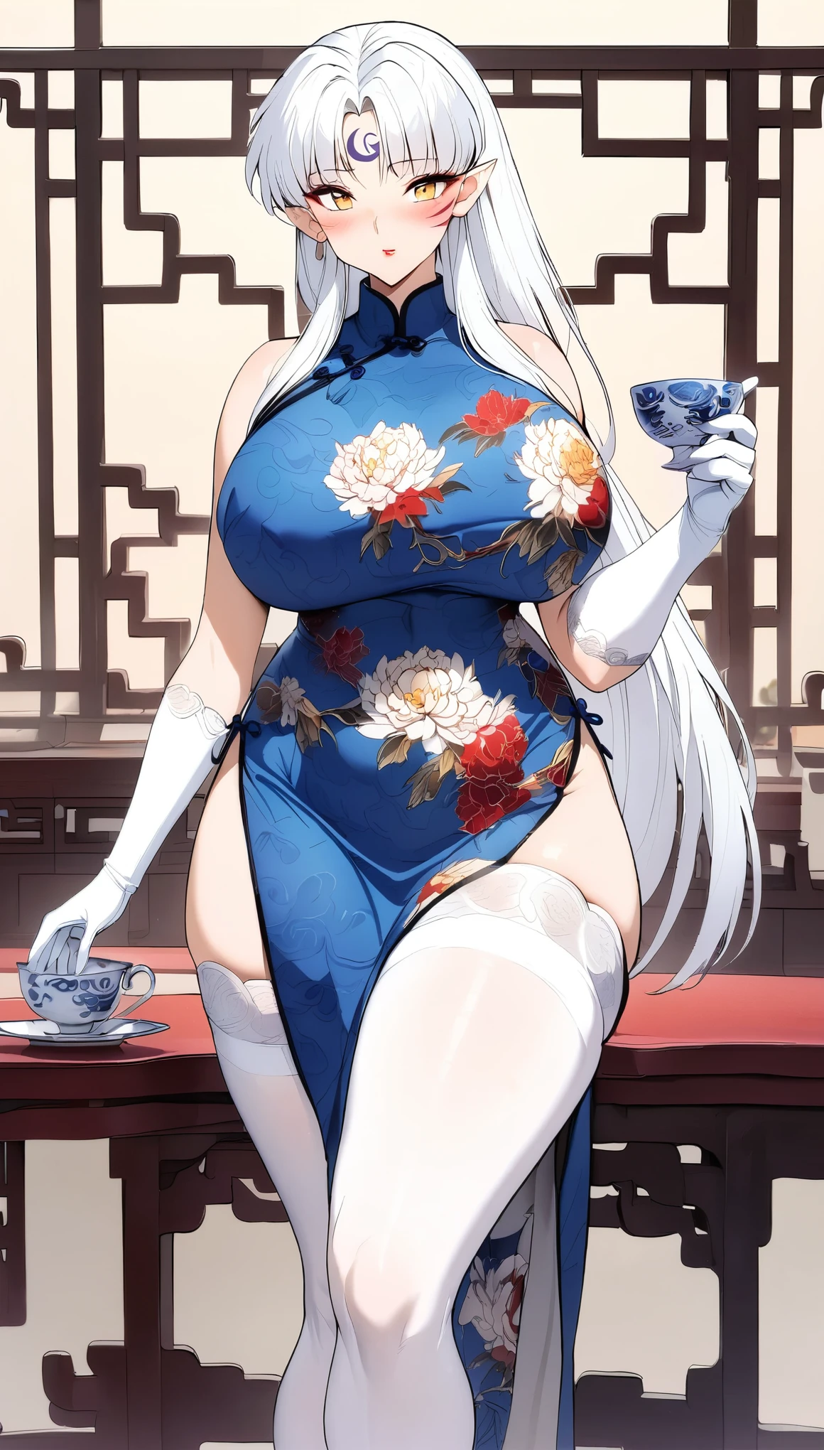 (masterpiece,best quality:1.3),extremely detailed,solo,1girl,Sesshoumaru,sesshoumaru,mature female,detailed beautiful eyes,(scornful eyes),yellow eyes,parted bangs,pointy ears,white hair,very long hair,red facial mark,forehead mark,alternate costume,arm at side,blush,breasts,china dress,chinese clothes,curvy,dress,elbow gloves,bare shoulder,floral print,gloves,(blue and white porcelain gorgeous qipao,blue and white china dress,blue and white chinese clothes,blue and white dress),a china cup,hand up,gigantic breasts,cover nipples,hip vent,holding a china cup,print dress,indoors,(teahouse),holding,red lips,drunk,looking at viewer,parted bangs,sleeveless,solo,thick thighs,upturned eyes,5 toes,white thighhighs,wide hips,solo,standing,thick thighs,upturned eyes,white thighhighs,wide hips,