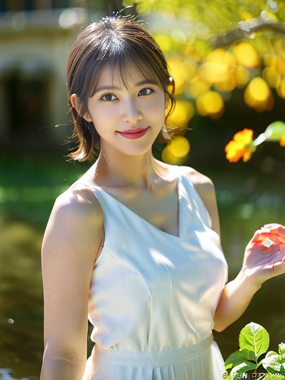 (masterpiece, best quality), outstanding details, ultra-high resolution,
anatomically correct, wide shot, atmospheric perspective,
1 Japanese woman, 30 years old, cute face,
cowboy shot, (Walking pose), (holding a sunflower, reaching out),
(Plump:1.2, small breasts),
Happy smile, Mouth slightly open, looking at viewer, animated expression,
round face, tareme, Downturned Eyes, pupils sparkling, small nose, thin lips, thin eyebrows,
brown hair, low ponytail, short hair, swept bangs,
wearing glasse,
(wearing a shoulderless white elegance dress, The material of the dress is thin, transparent, and smooth),
(background: Serene riverside with blossoming wildflowers)
depth of field, backlighting, cinematic lighting, reflection light, dreamy atmosphere,