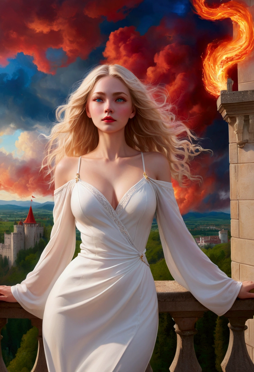Beautiful Witch、Blonde swaying in the wind、Blue Eyes、The line of sight is sharp、A slim, intelligent face、Tight white dress、Standing on a balcony in a European castle、A sky of crimson clouds swirling like flames、Dramatic Light、oil