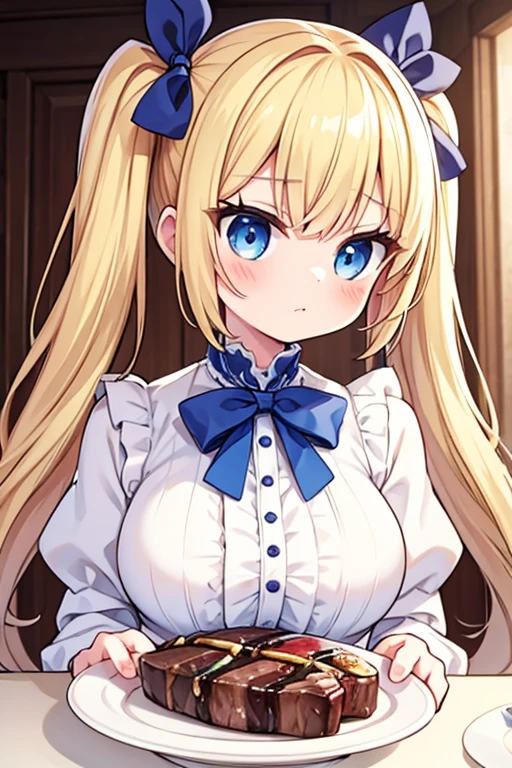 Eat a giant steak,Highest quality,Blonde with blue eyes、Lolita、Small breasts、Twin tails、girl&#39;Mischievous Smile,Holding a fork and knife,